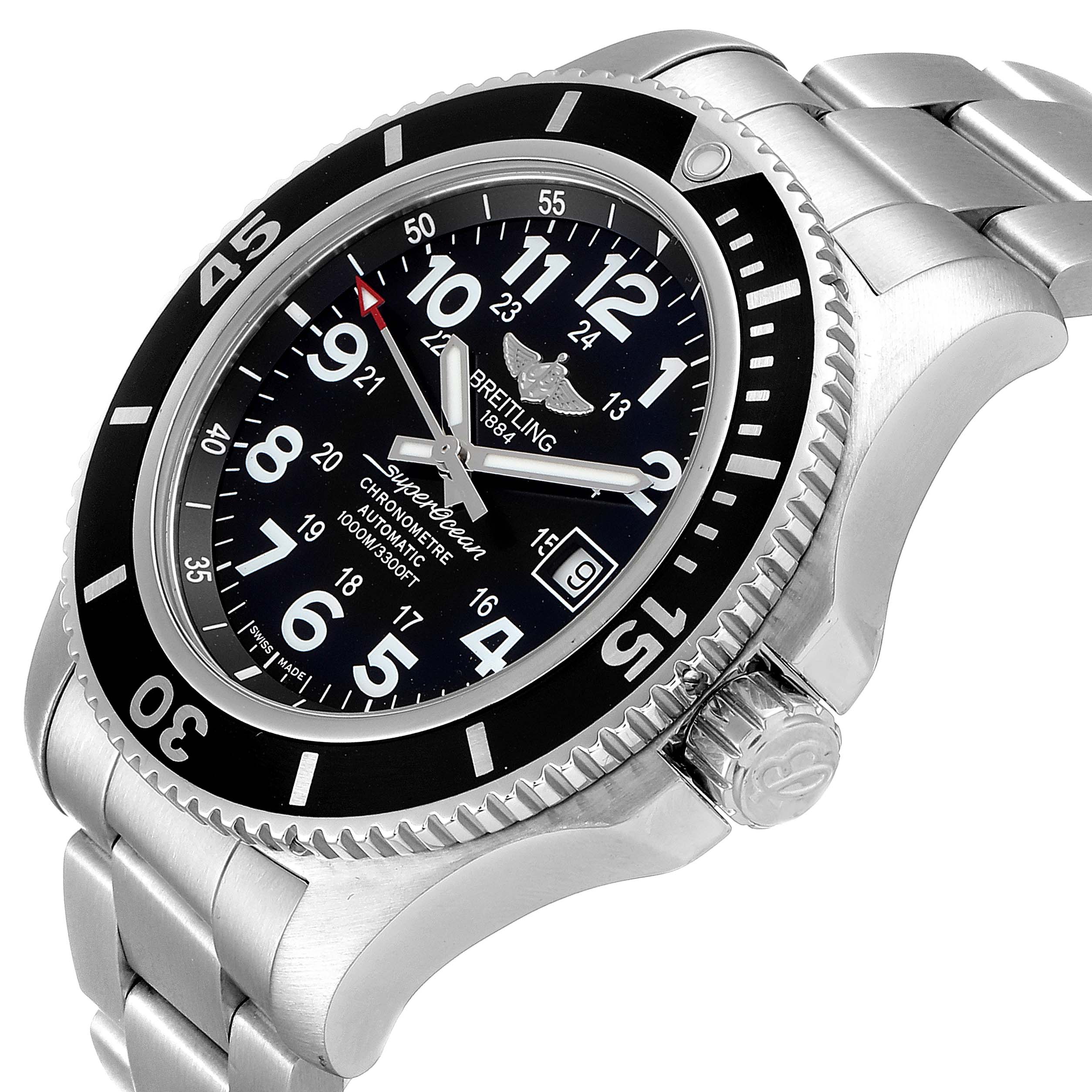 The Breitling Superocean A17392D8/C910 Men's Stainless Steel Black Dial A17392D8/C910 Men's Stainless Steel Black Dial watch is shown at a slight angle, highlighting the bezel, crown, and part of the bracelet.
