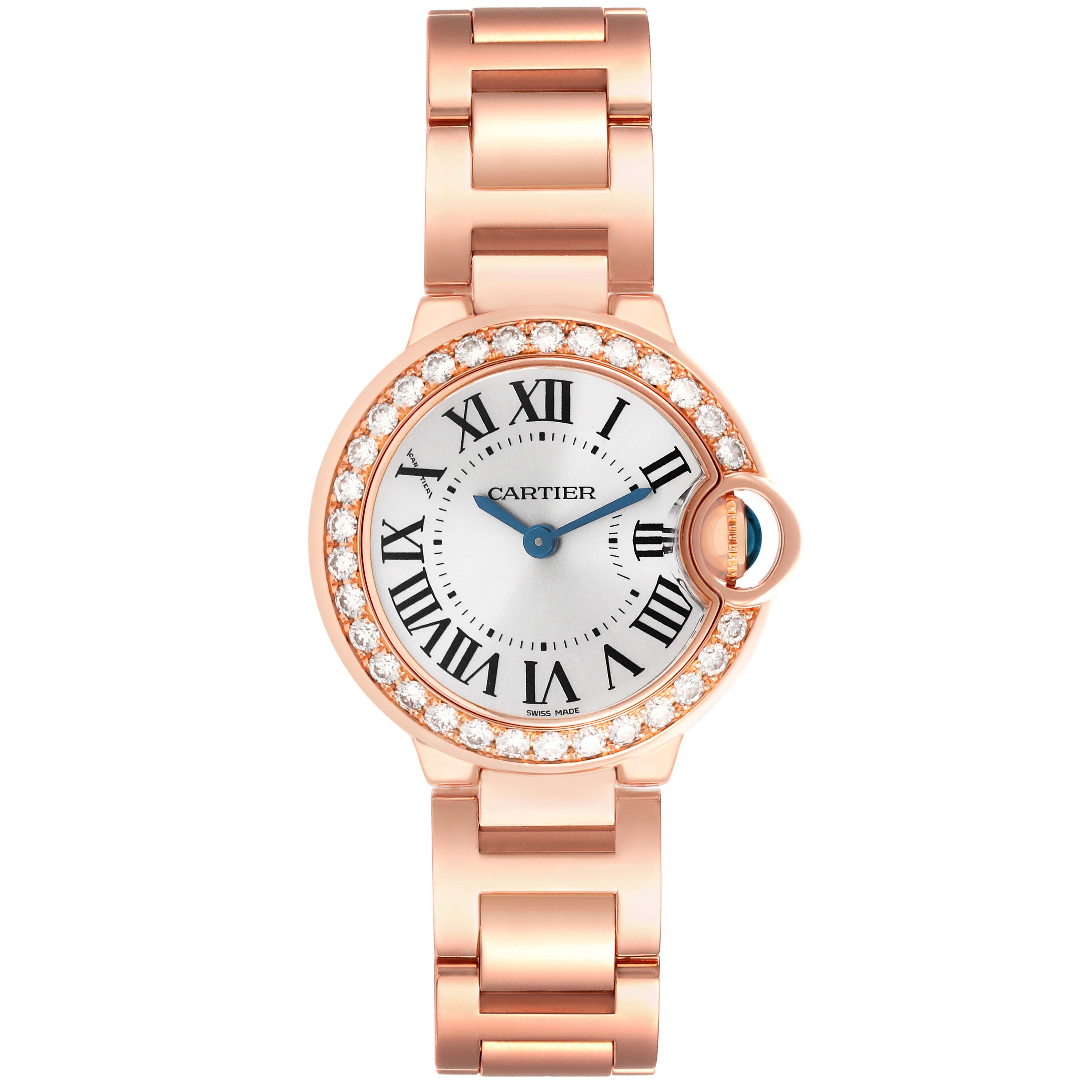 The Cartier Ballon Bleu WE9002Z3 Women's Rose Gold Silver Dial WE9002Z3 Women's Rose Gold Silver Dial watch is shown from the front, displaying the face, bezel with diamonds, and part of the bracelet.