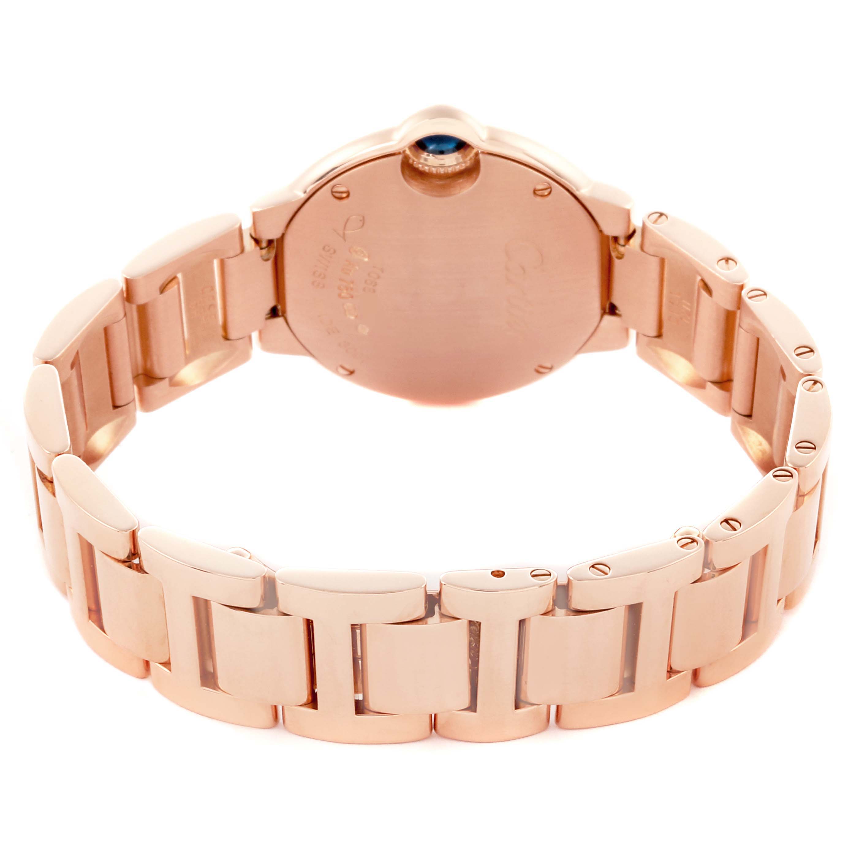 The image shows the back case and bracelet of the Cartier Ballon Bleu WE9002Z3 Women's Rose Gold Silver Dial WE9002Z3 Women's Rose Gold Silver Dial watch at a rear angle.