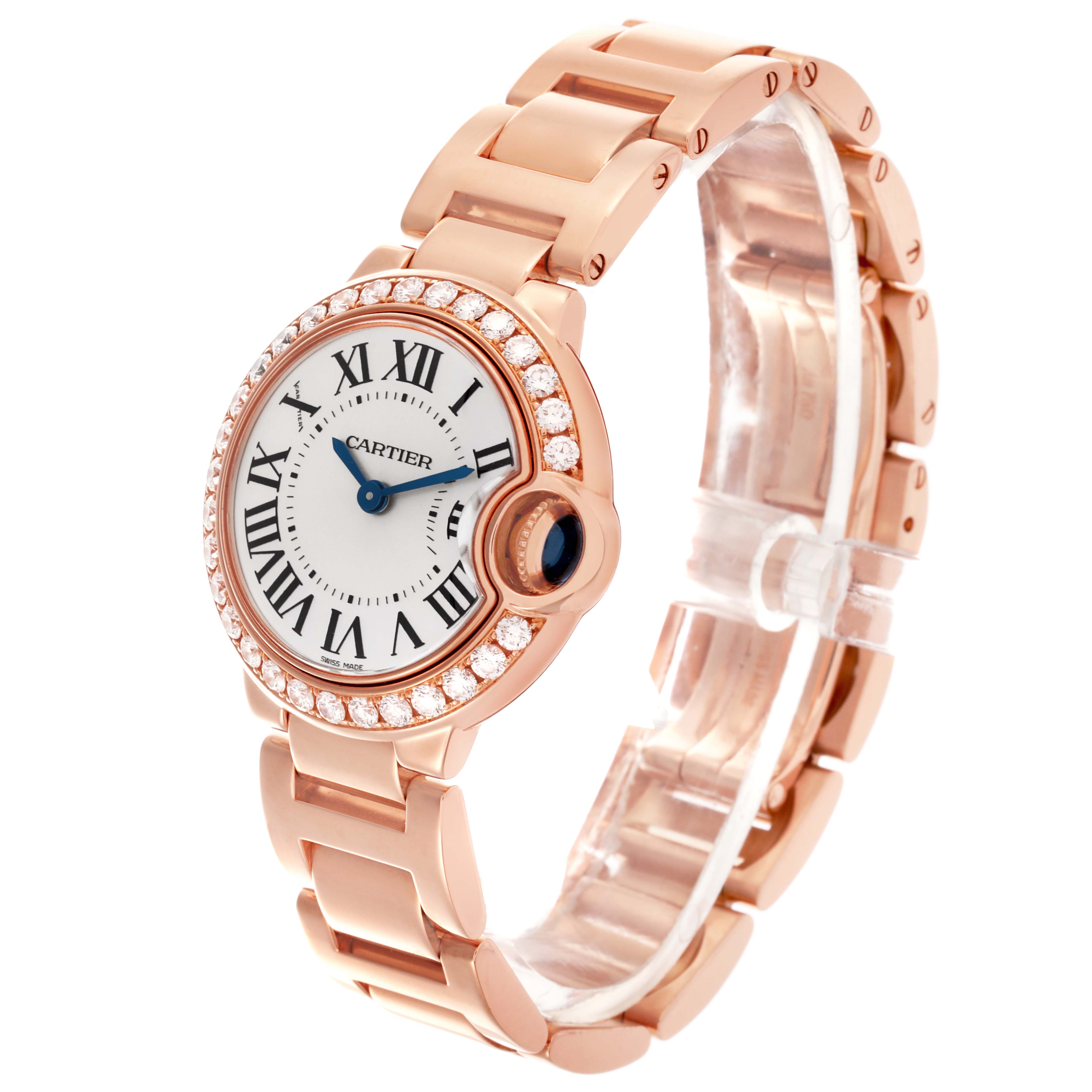 The Cartier Ballon Bleu WE9002Z3 Women's Rose Gold Silver Dial WE9002Z3 Women's Rose Gold Silver Dial watch is shown at a three-quarter angle, highlighting its face, bracelet, and diamond-set bezel.