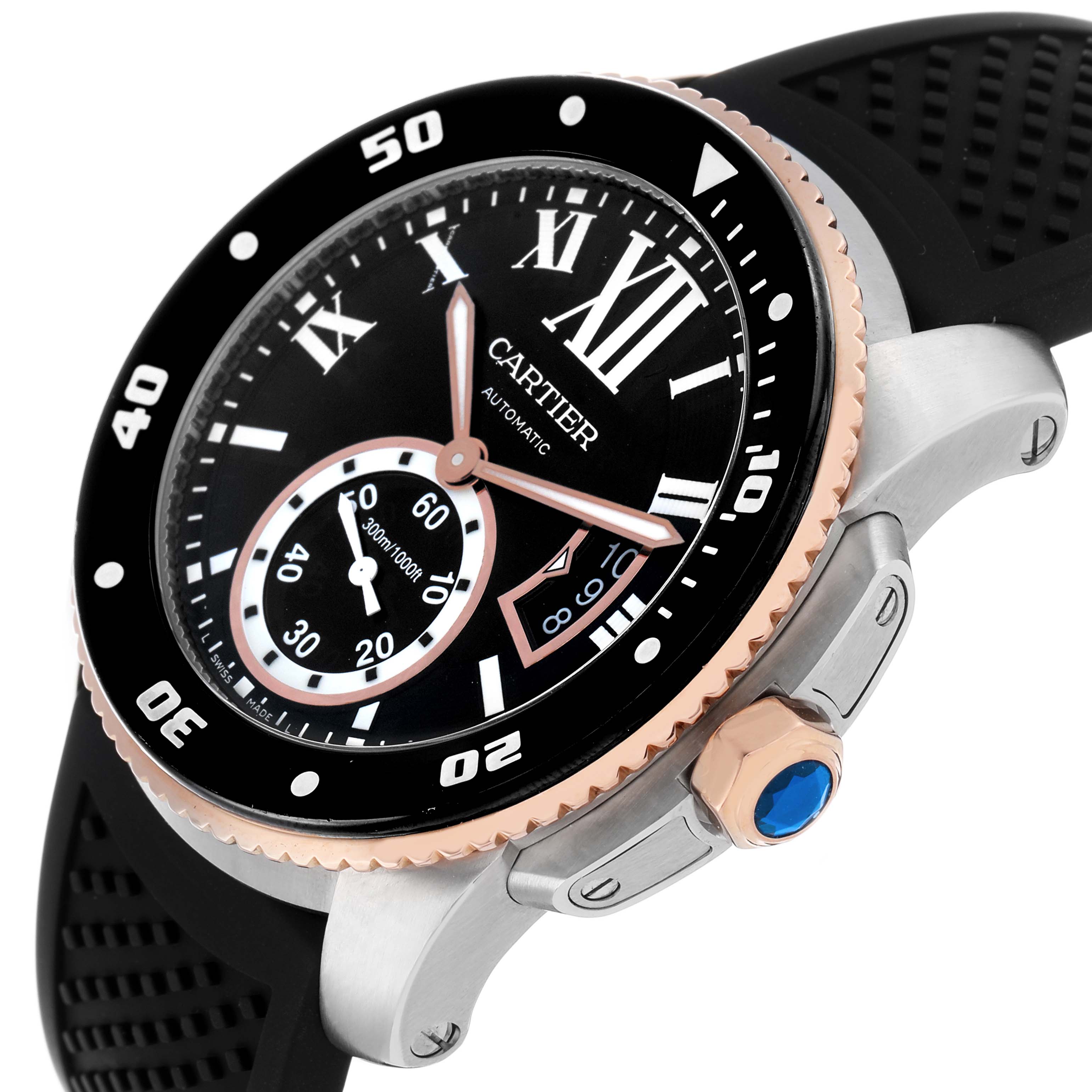 The Calibre de Cartier watch is shown at a side angle, displaying the bezel, dial, crown with blue cabochon, and black strap.
