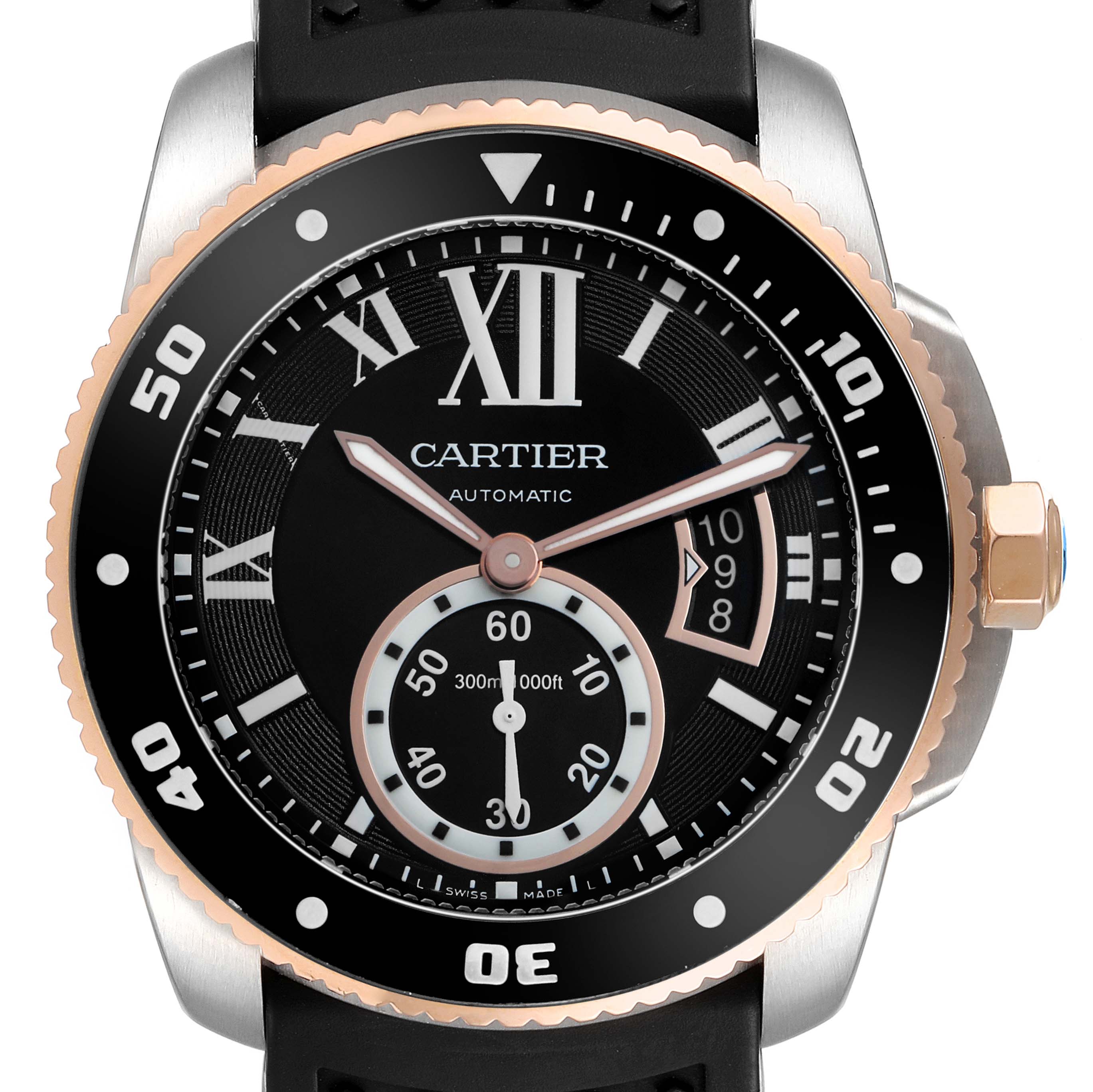 The Calibre de Cartier watch is shown from the front, highlighting the dial, bezel, and crown.