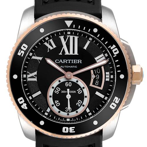 The Calibre de Cartier watch by Cartier is shown from a front angle, highlighting the bezel, dial, and crown.