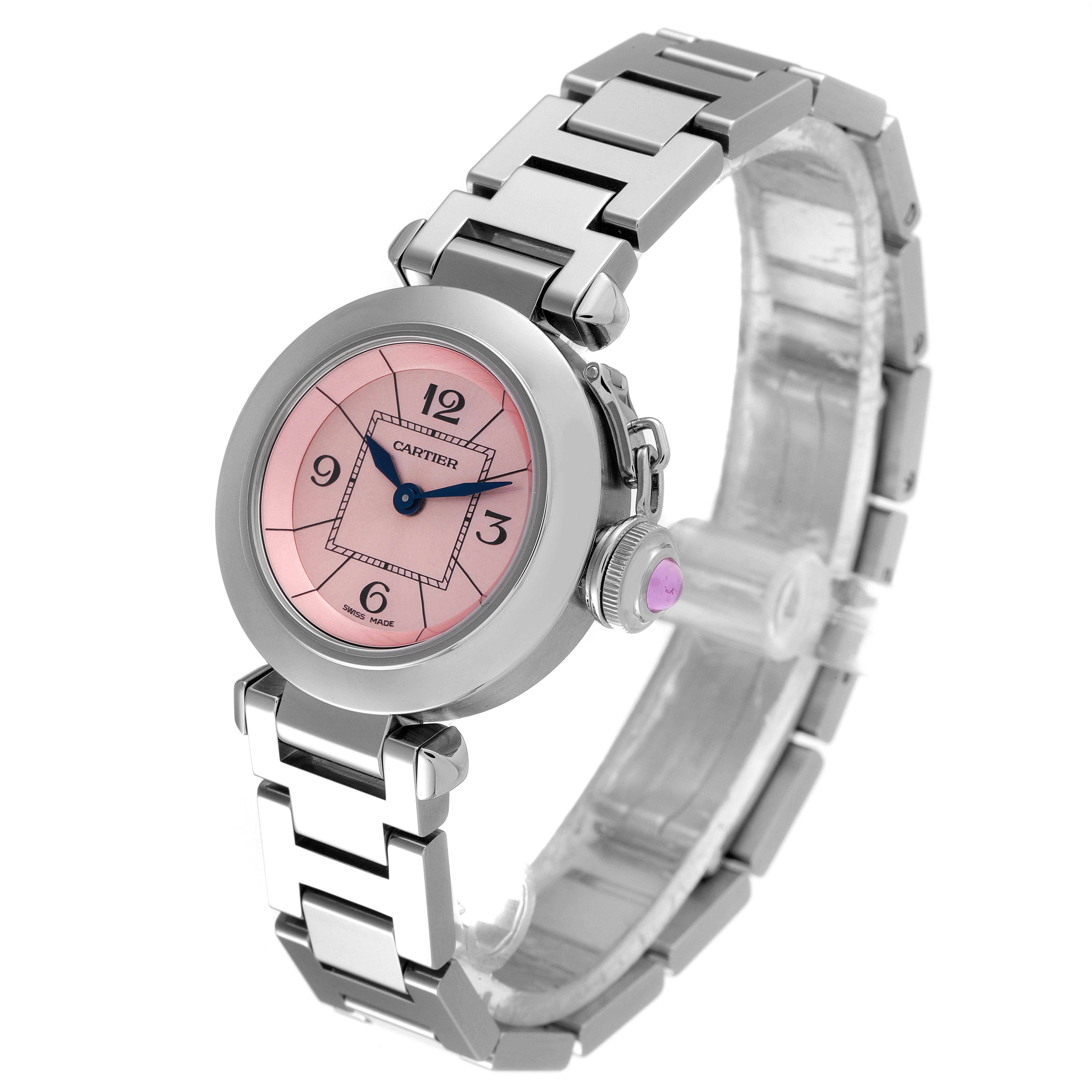 The Cartier Pasha W3140008 Women's Stainless Steel Pink Dial W3140008 Women's Stainless Steel Pink Dial watch is shown at an angle displaying its face, bracelet, and crown with a pink dial.