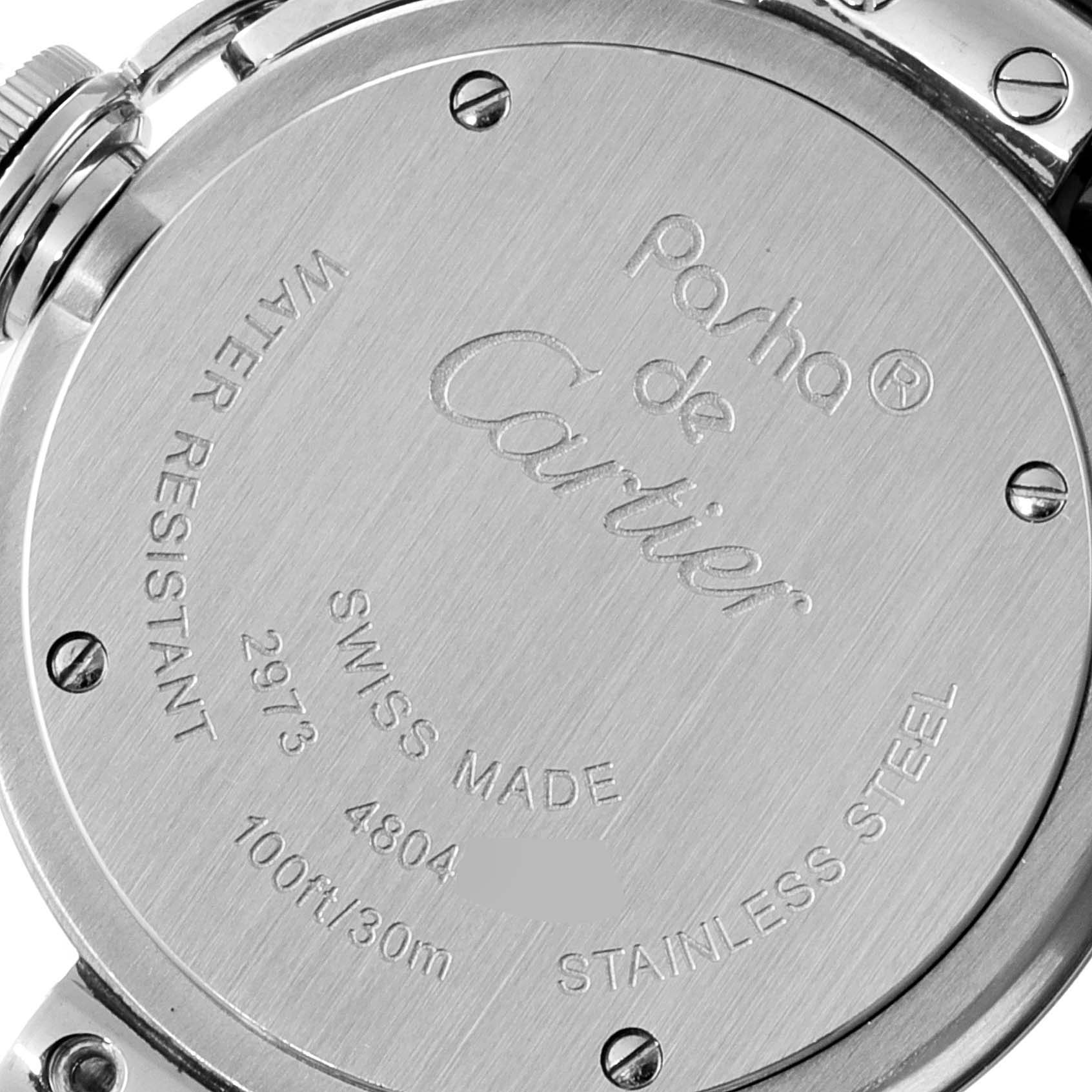 This image shows the back case of the Pasha de Cartier watch, including the engravings and part of the metal bracelet.
