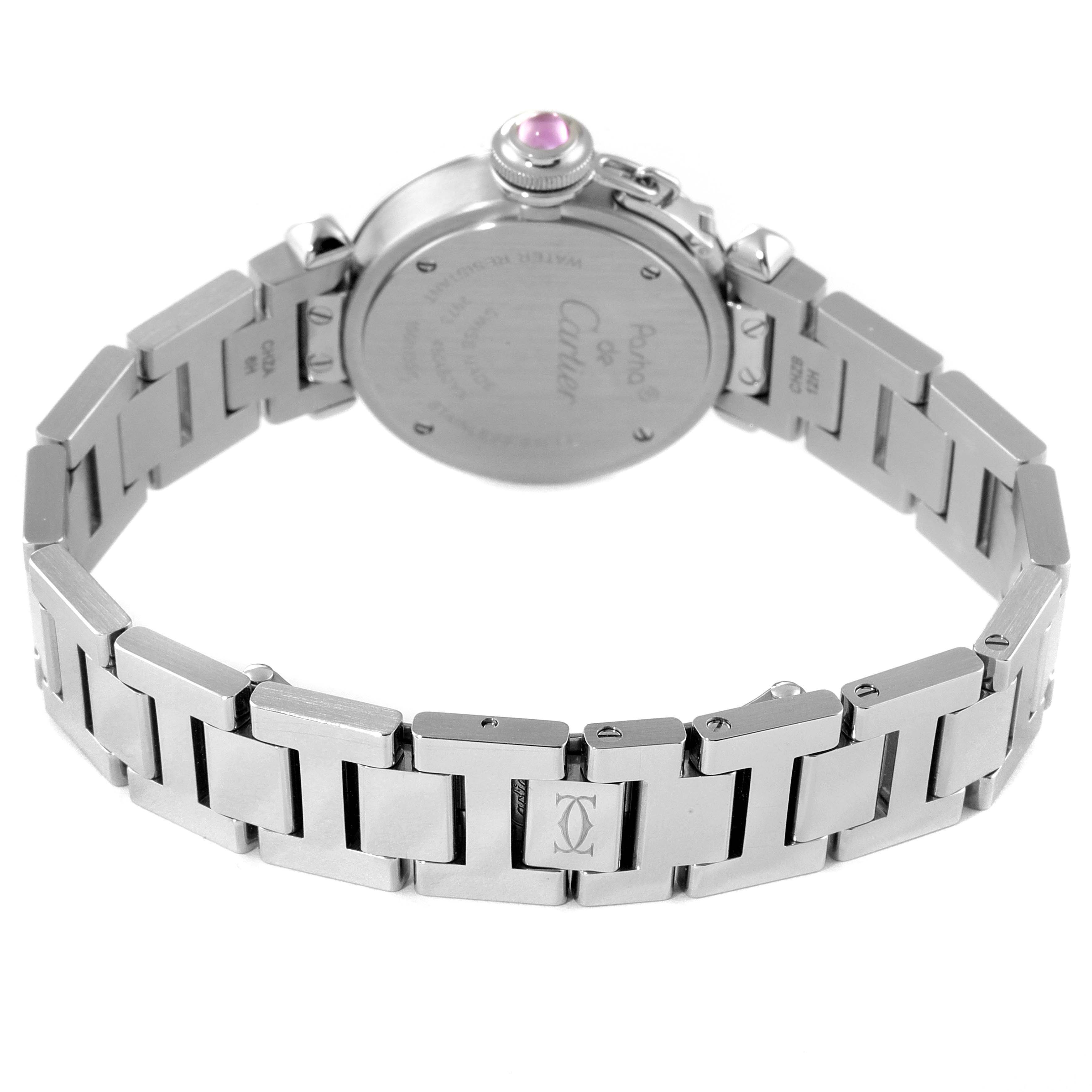 The image shows the back and bracelet of the Cartier Pasha W3140008 Women's Stainless Steel Pink Dial W3140008 Women's Stainless Steel Pink Dial watch, highlighting the detailed clasp and case back.