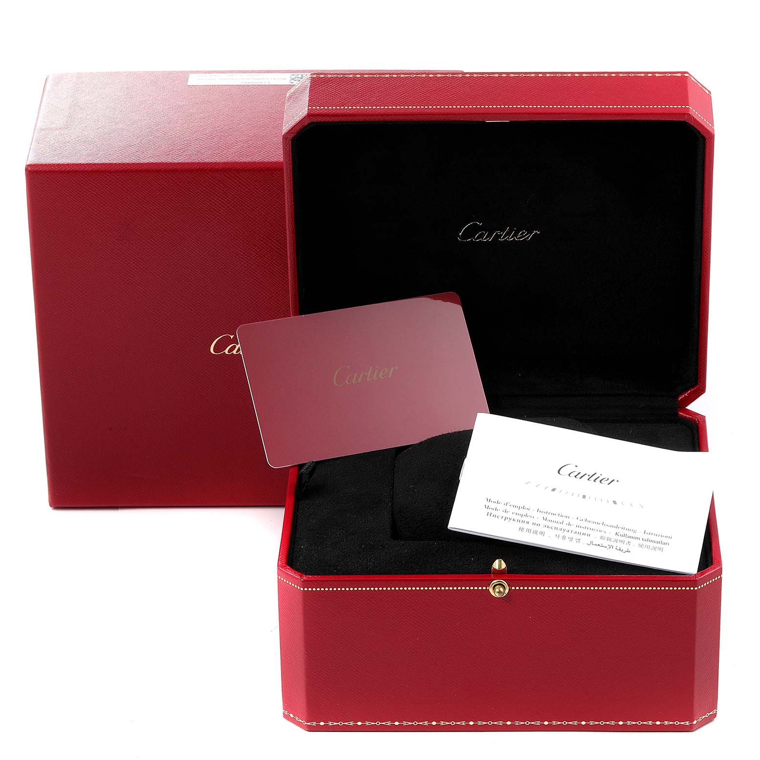 The image shows the Cartier Pasha W3140008 Women's Stainless Steel Pink Dial W3140008 Women's Stainless Steel Pink Dial watch's red case, along with warranty cards and a protective cushion.