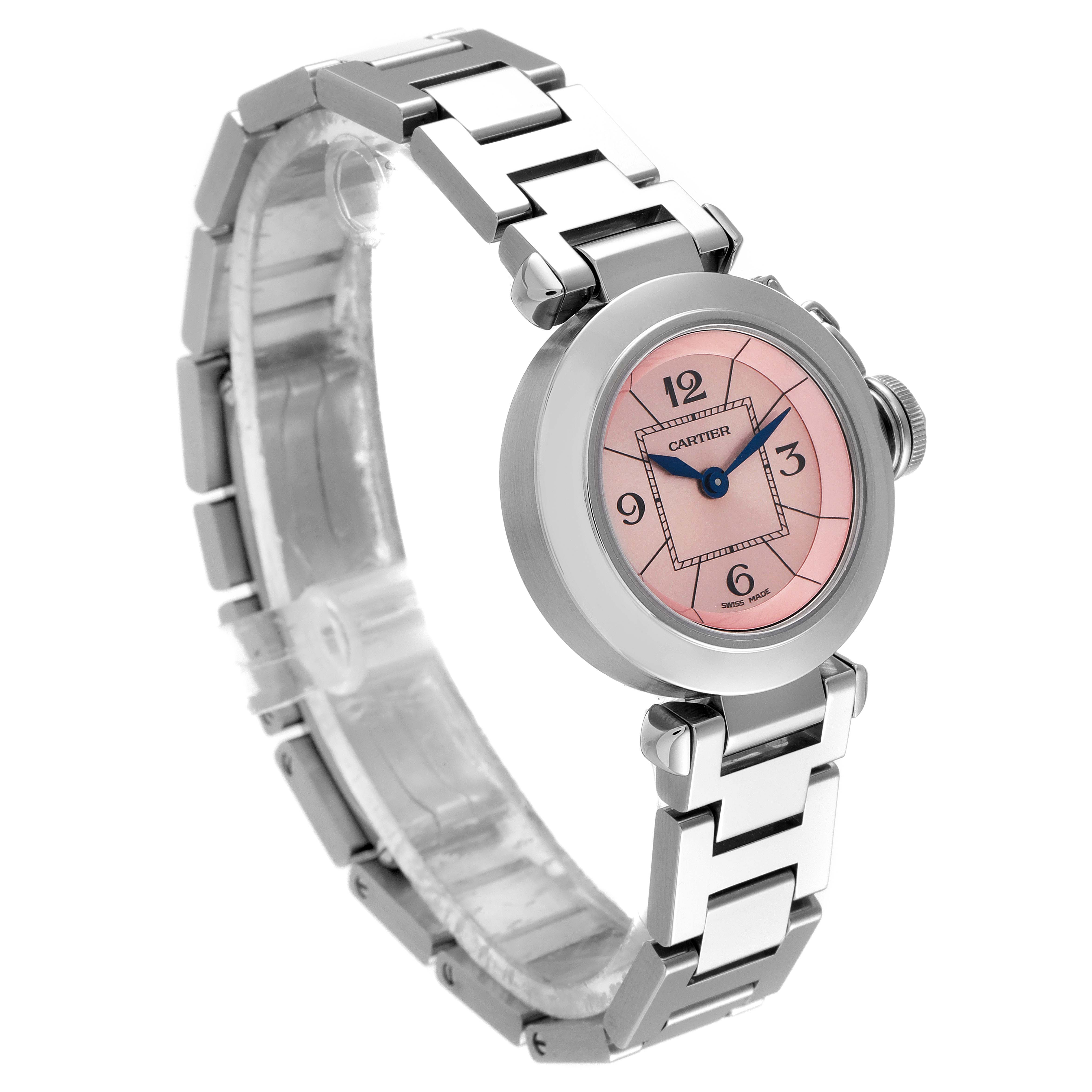The image shows a Cartier Pasha W3140008 Women's Stainless Steel Pink Dial W3140008 Women's Stainless Steel Pink Dial watch at a slight angle, highlighting its pink dial, silver case, and metal bracelet.