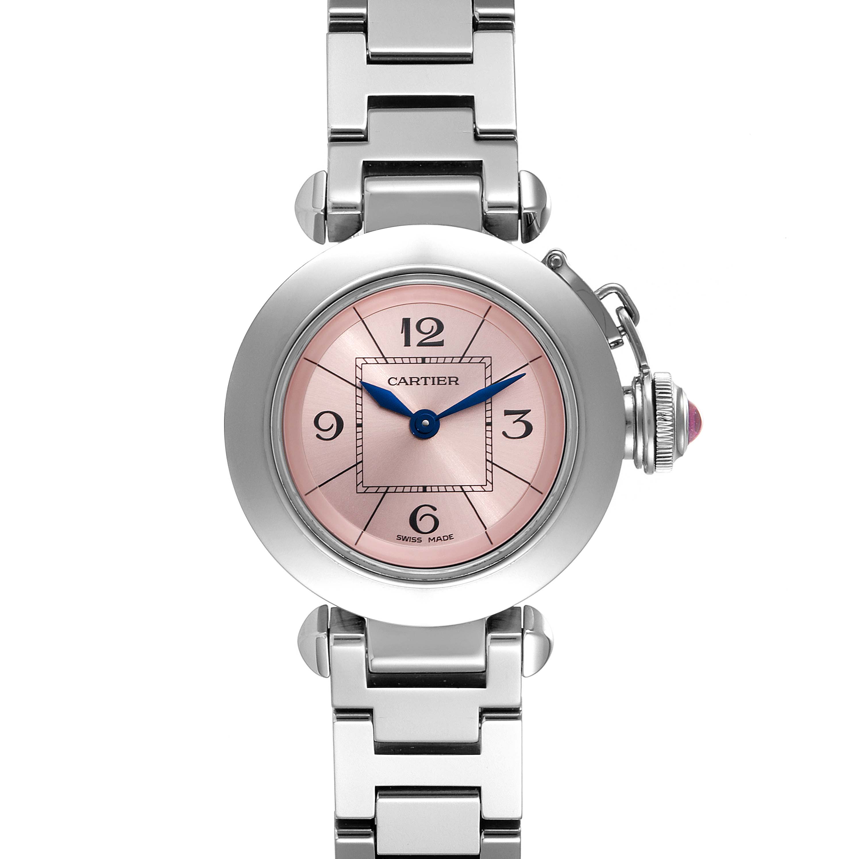 This image shows a front view of the Cartier Pasha W3140008 Women's Stainless Steel Pink Dial W3140008 Women's Stainless Steel Pink Dial watch, highlighting the case, dial, crown, and part of the bracelet.