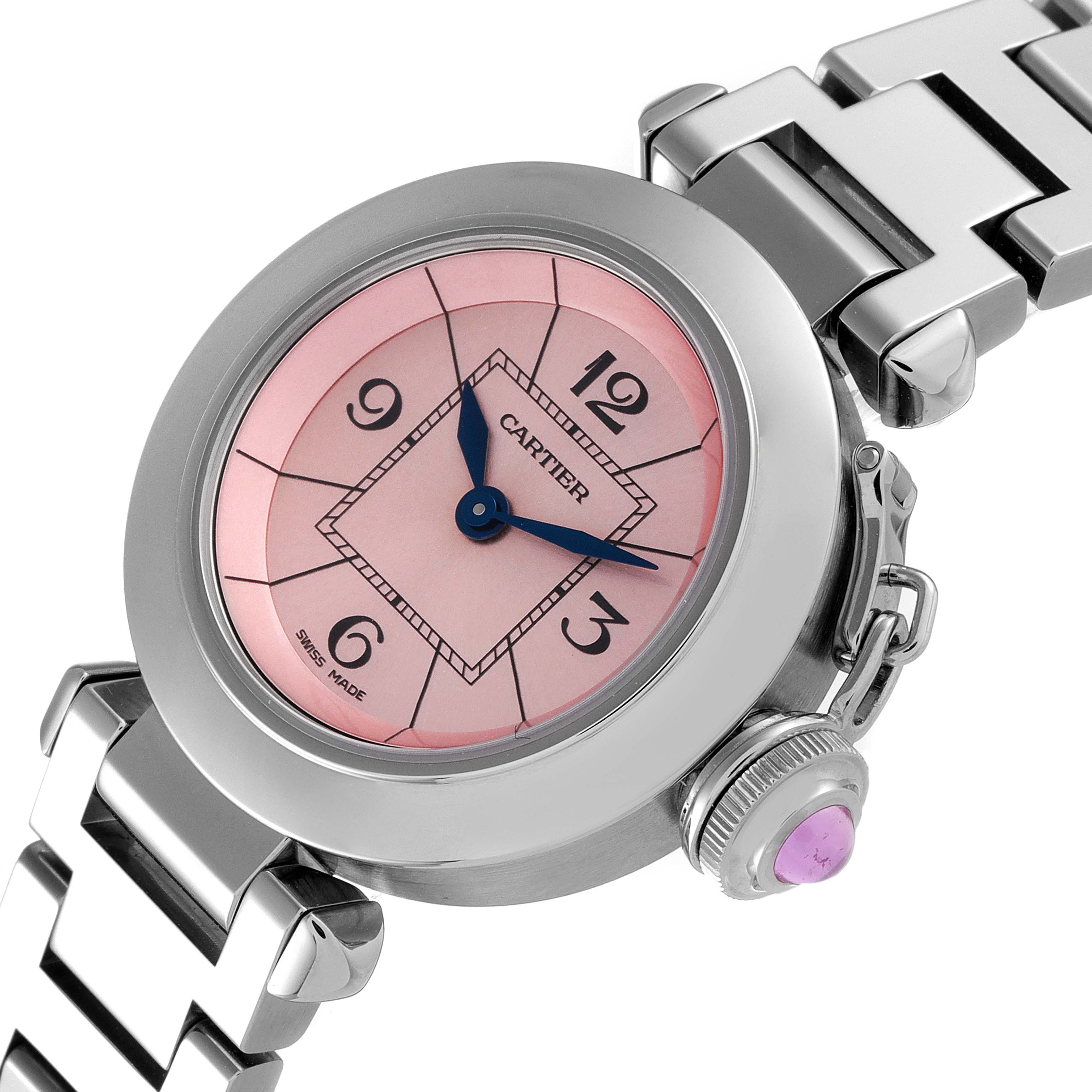 The image shows a close-up of a Cartier Pasha W3140008 Women's Stainless Steel Pink Dial W3140008 Women's Stainless Steel Pink Dial watch face, band, and crown with a pink dial and blue hands.