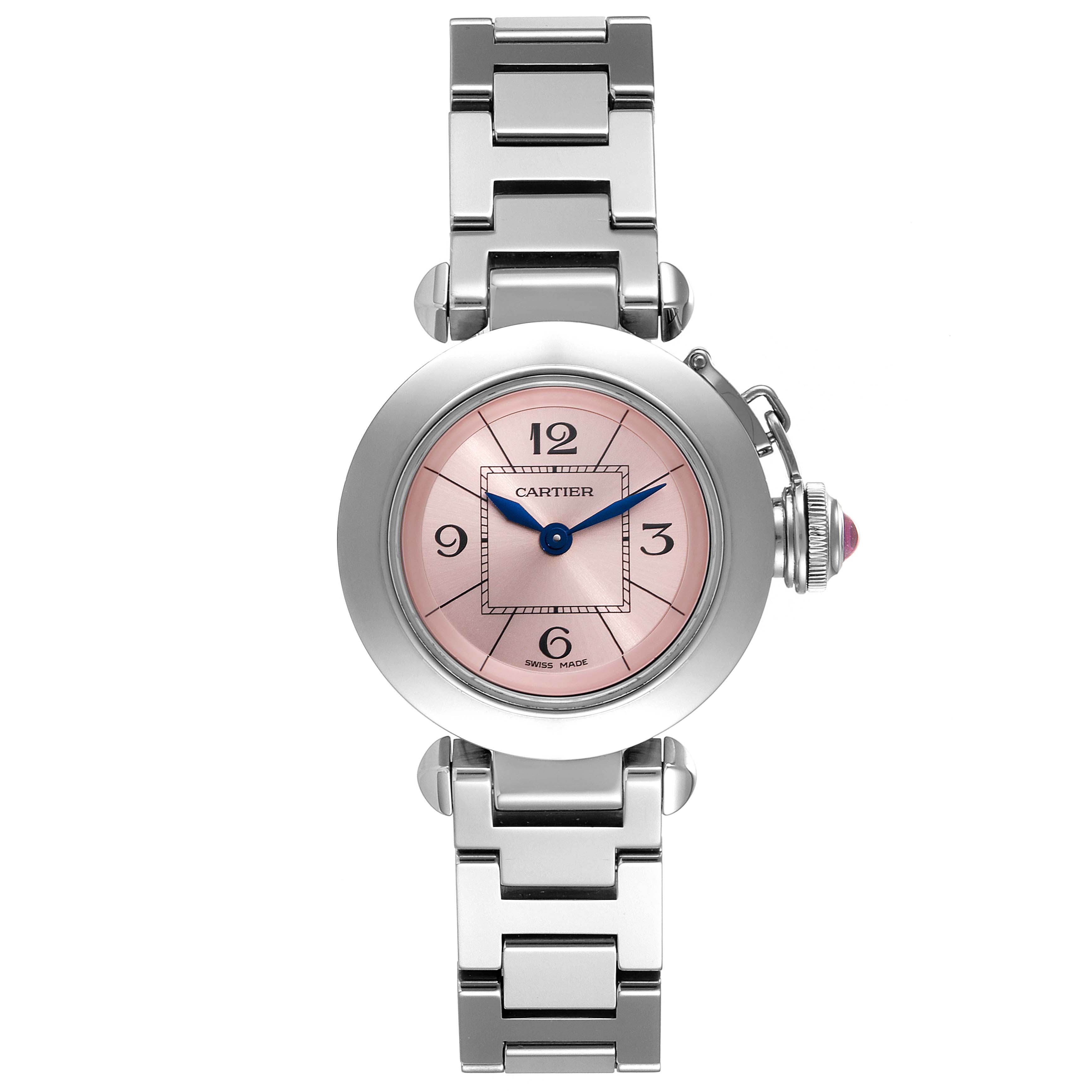The Cartier Pasha W3140008 Women's Stainless Steel Pink Dial W3140008 Women's Stainless Steel Pink Dial watch is shown from a front angle, featuring a pink dial and metal bracelet.