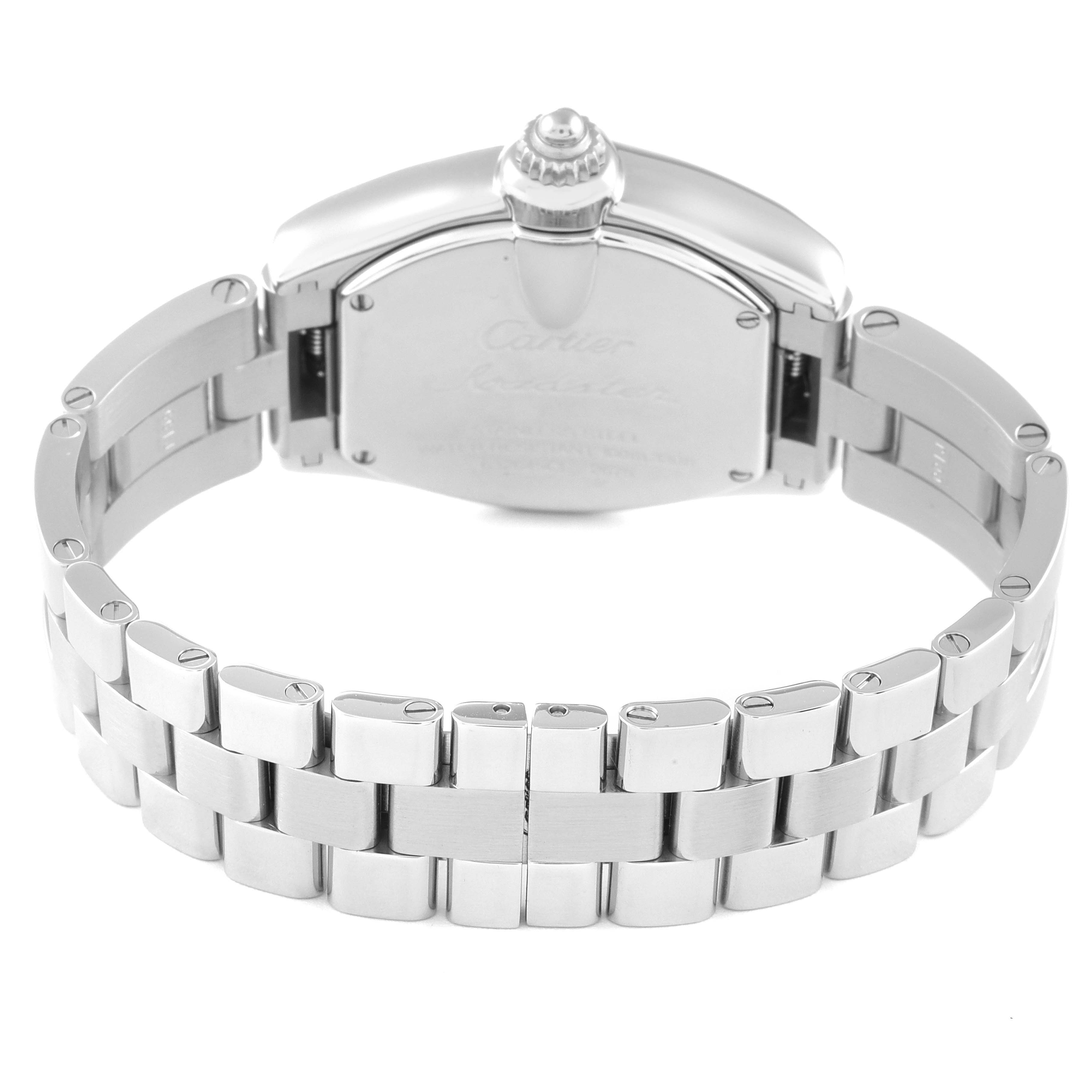 The image shows the back view of a Cartier Roadster W62016V3 Women's Stainless Steel Silver Dial W62016V3 Women's Stainless Steel Silver Dial watch, highlighting its stainless steel case and bracelet.