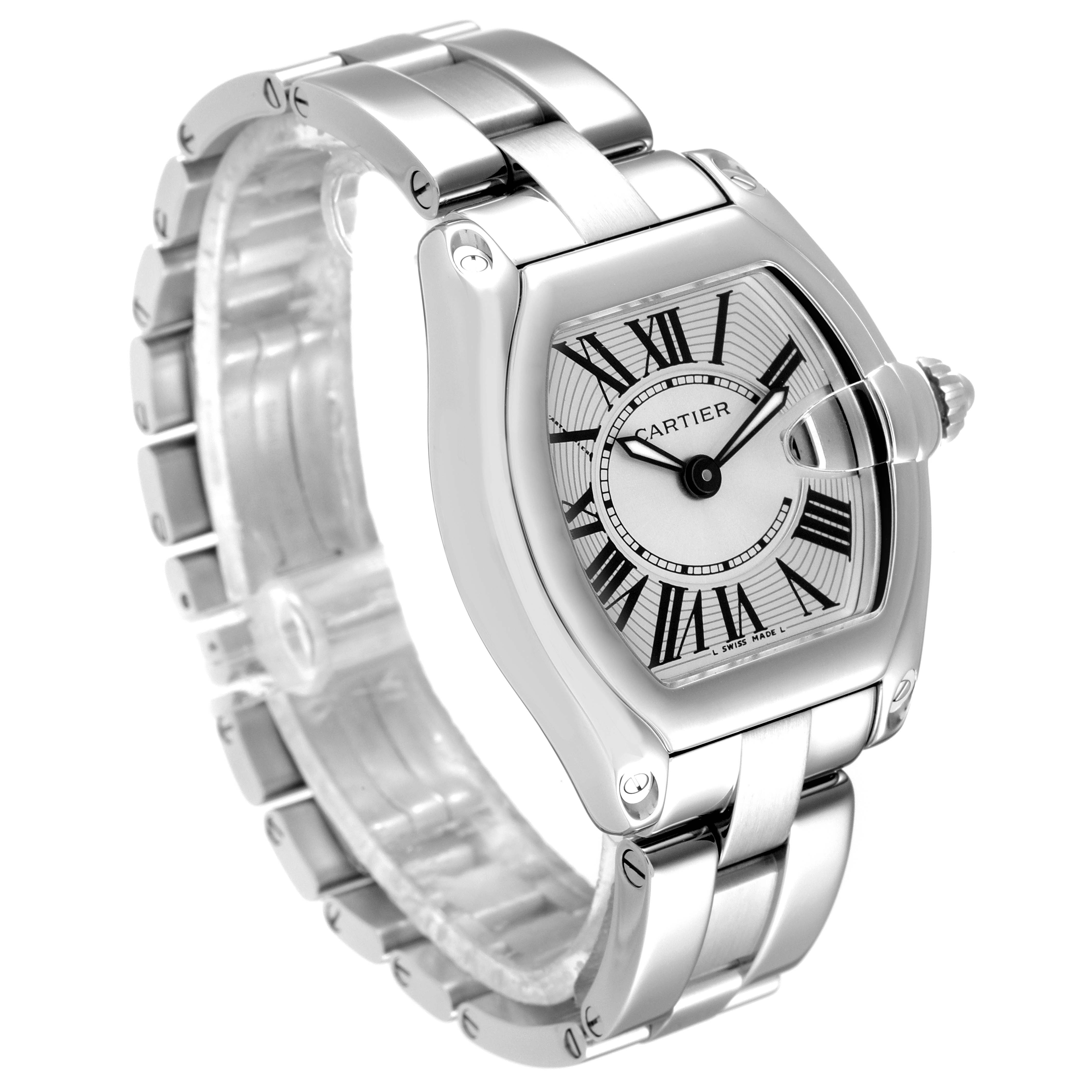 The image shows the Cartier Roadster W62016V3 Women's Stainless Steel Silver Dial W62016V3 Women's Stainless Steel Silver Dial watch from a three-quarter angle, highlighting its face, bezel, and bracelet.