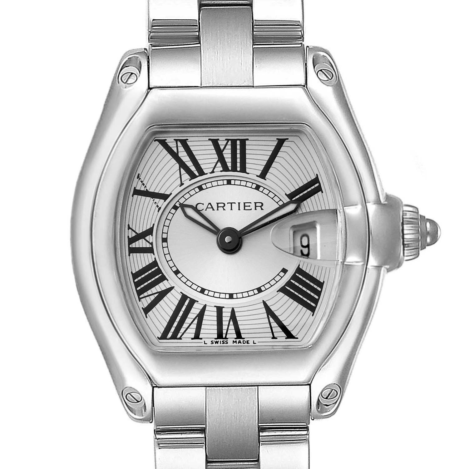 This image shows a Cartier Roadster W62016V3 Women's Stainless Steel Silver Dial W62016V3 Women's Stainless Steel Silver Dial model watch from a top-down angle, highlighting the face, dial, and part of the bracelet.