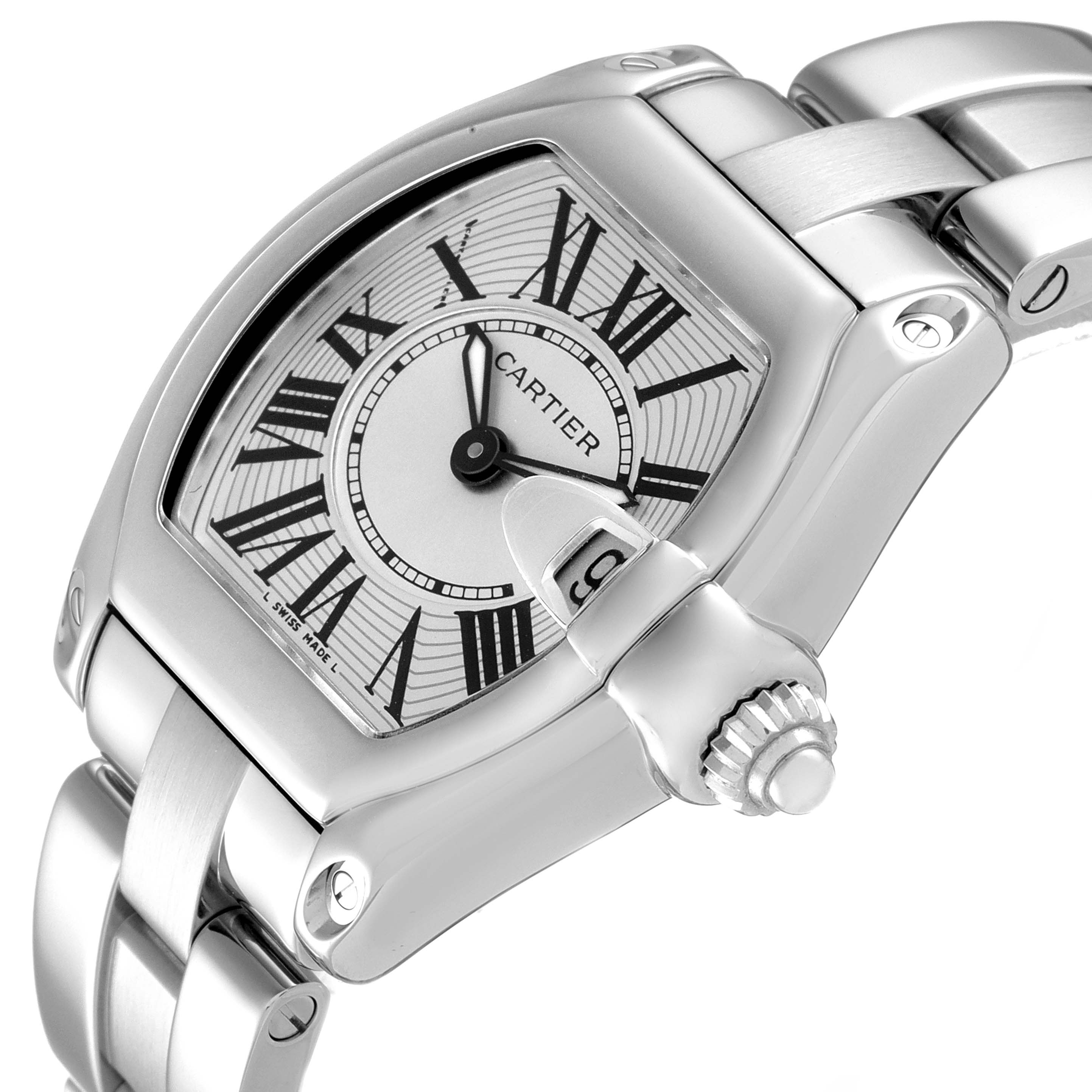 The image shows a Cartier Roadster W62016V3 Women's Stainless Steel Silver Dial W62016V3 Women's Stainless Steel Silver Dial watch at a slight angle, highlighting the dial, case, and part of the metal bracelet.