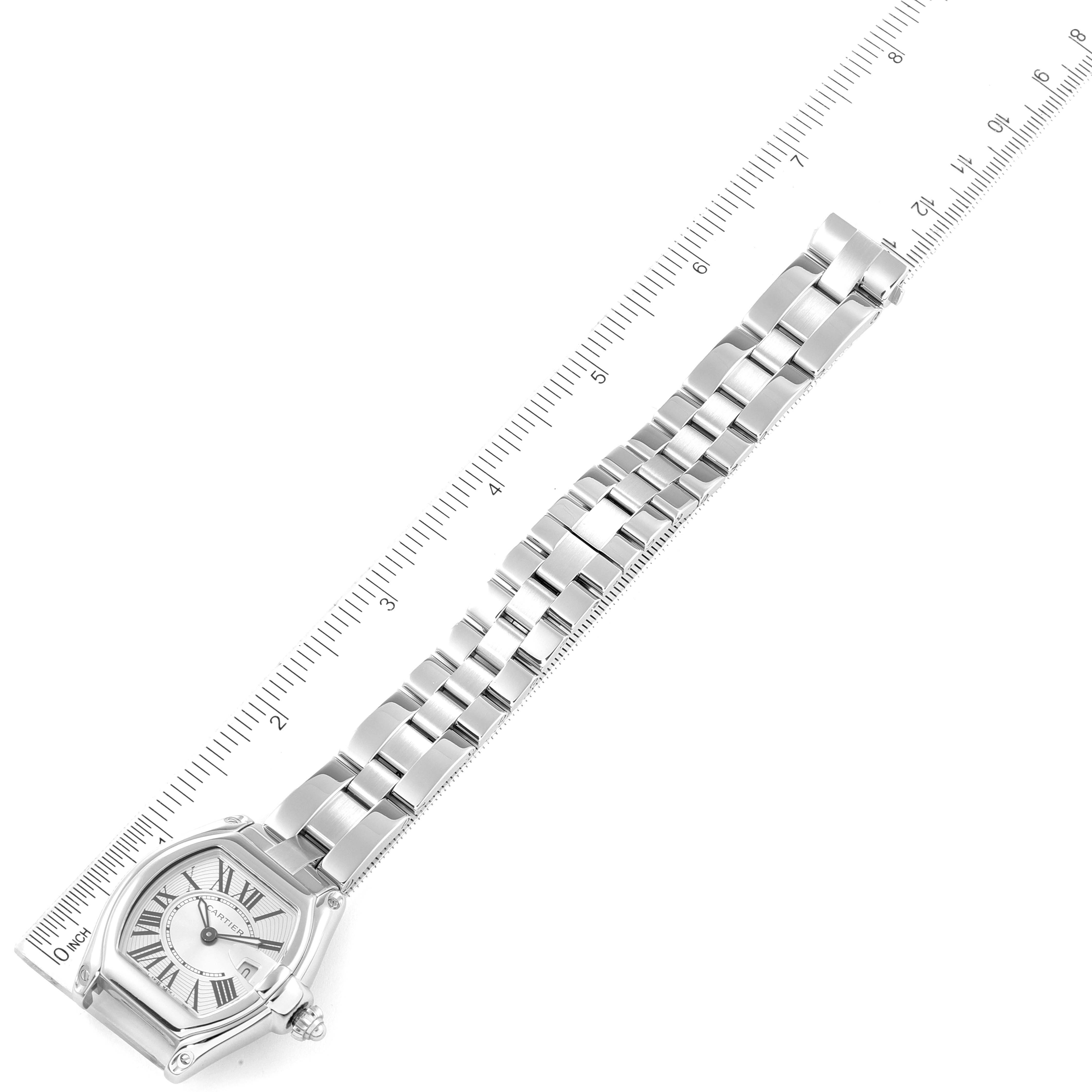 This image shows a Roadster model by Cartier, with both the face and bracelet visible from a top-down angle.