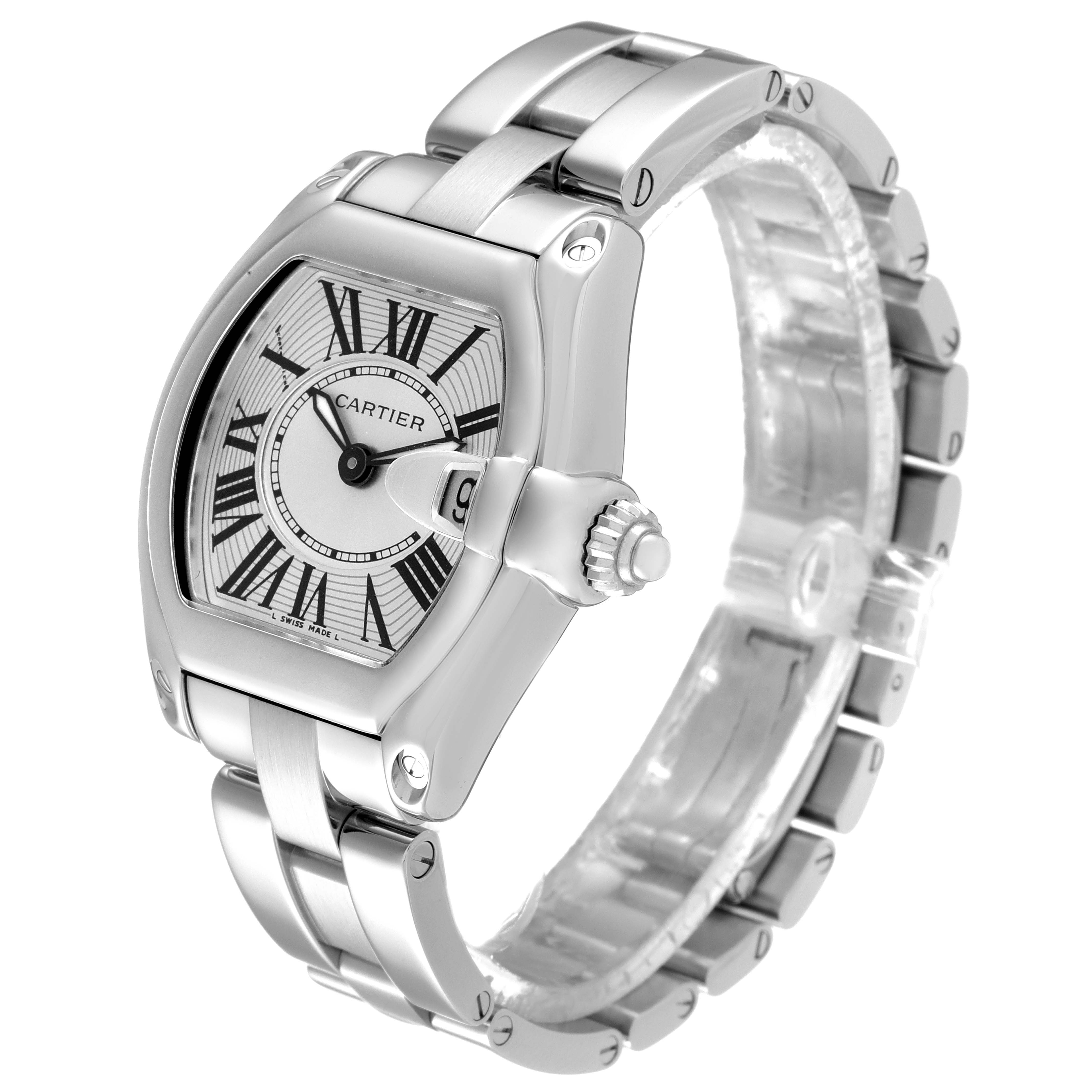 The image shows a Cartier Roadster W62016V3 Women's Stainless Steel Silver Dial W62016V3 Women's Stainless Steel Silver Dial watch from an angled front view, highlighting its face, crown, and metal bracelet.