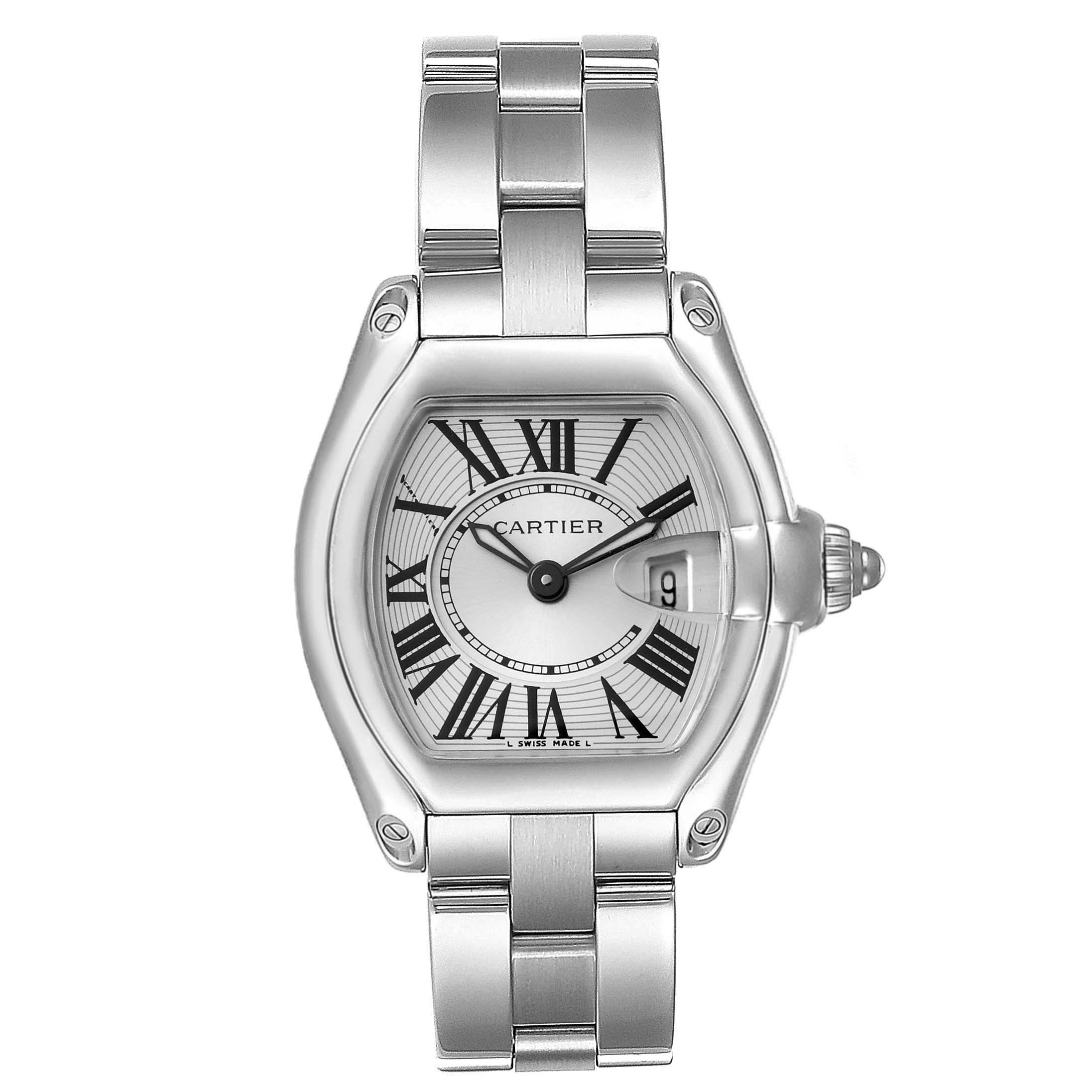 The image shows a front view of the Cartier Roadster W62016V3 Women's Stainless Steel Silver Dial W62016V3 Women's Stainless Steel Silver Dial watch, displaying the watch face with Roman numerals and stainless steel bracelet.