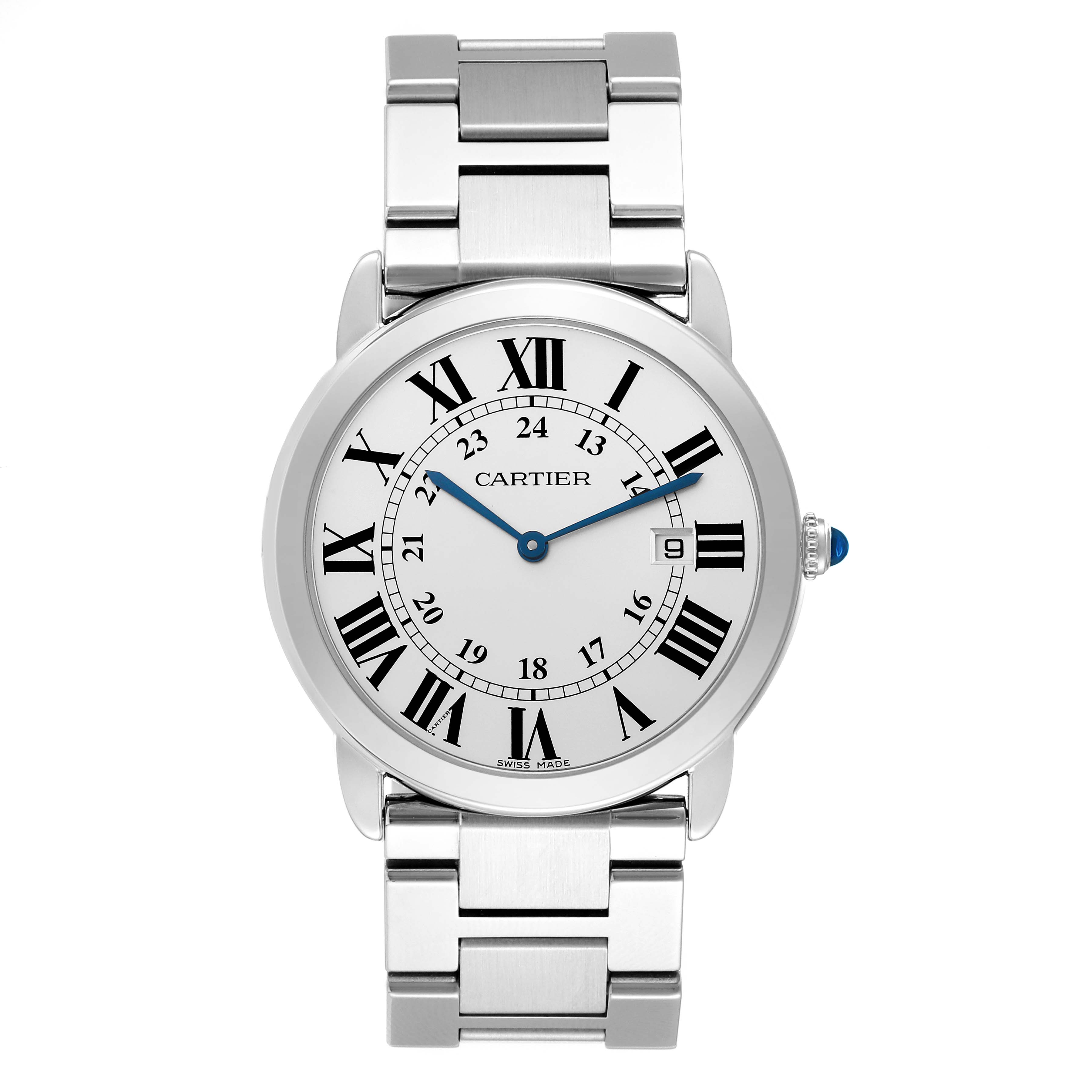 The Cartier Ronde W6701005 Men's Stainless Steel Silver Dial W6701005 Men's Stainless Steel Silver Dial watch is shown from a top-down view, highlighting its face, Roman numerals, blue hands, and metal bracelet.