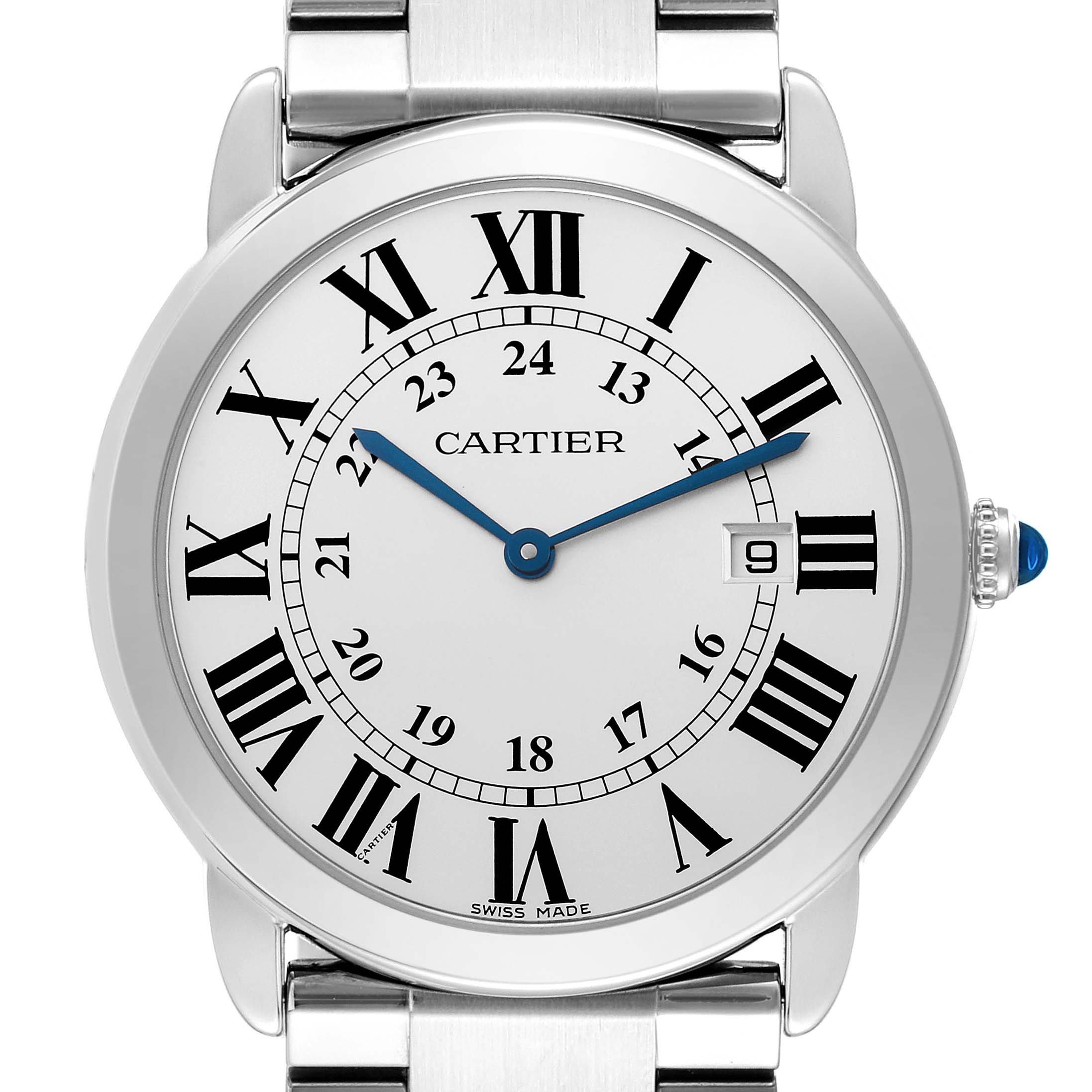 The Cartier Ronde W6701005 Men's Stainless Steel Silver Dial W6701005 Men's Stainless Steel Silver Dial watch is shown from the front, highlighting its face, bezel, and part of the bracelet.