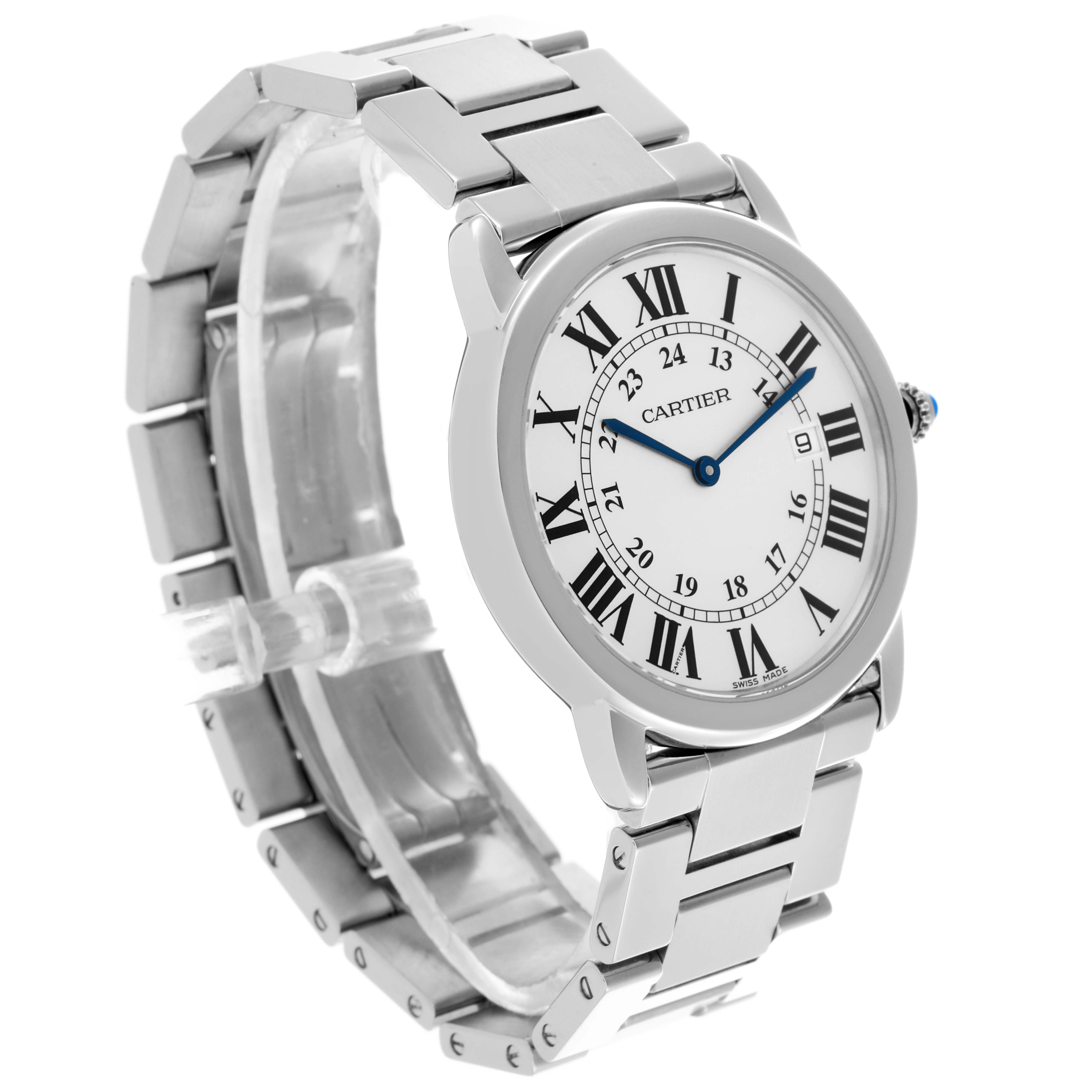 The Cartier Ronde W6701005 Men's Stainless Steel Silver Dial W6701005 Men's Stainless Steel Silver Dial watch is shown at a three-quarter angle, displaying the face, case, crown, and part of the bracelet.