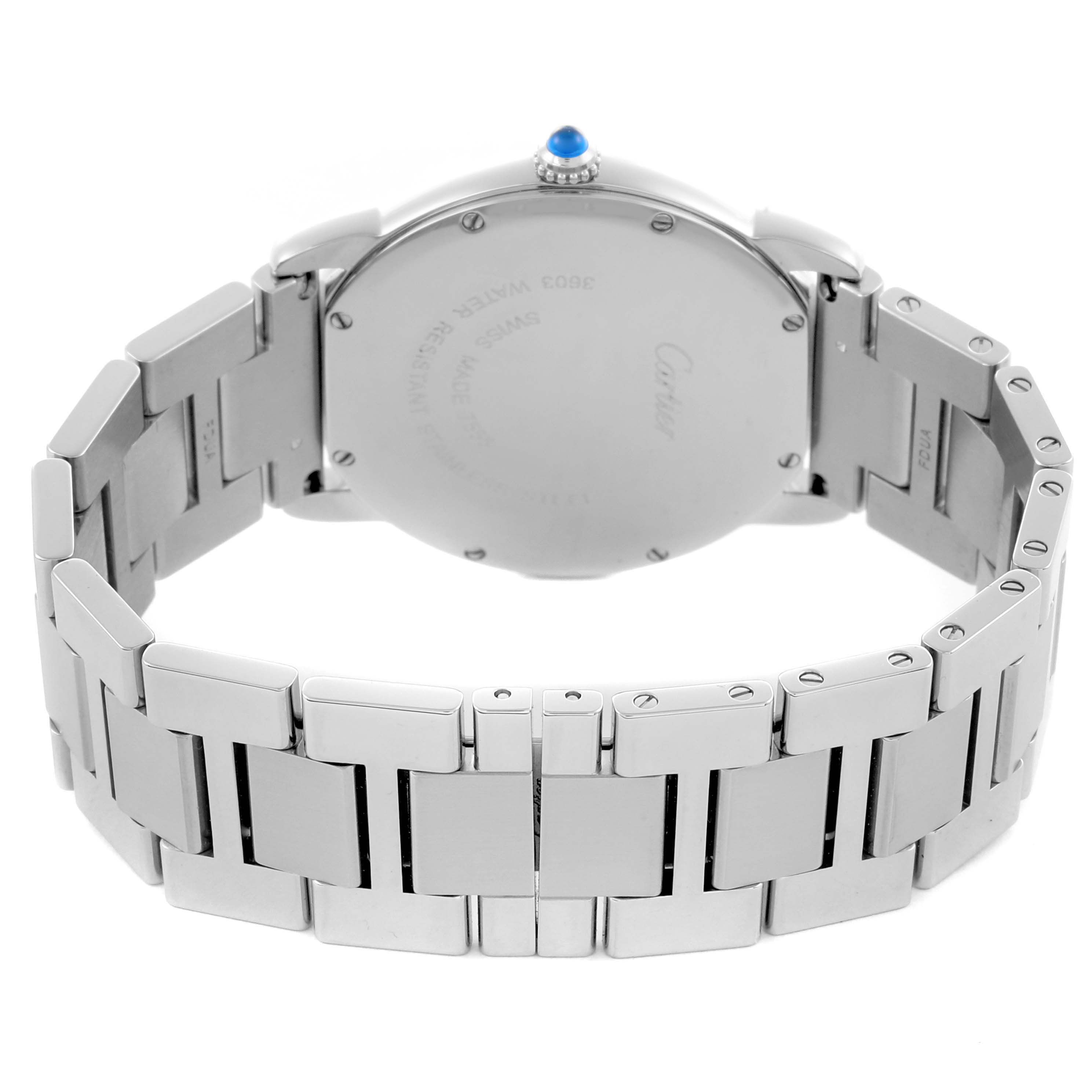 The Cartier Ronde W6701005 Men's Stainless Steel Silver Dial W6701005 Men's Stainless Steel Silver Dial watch is shown from the back, highlighting its stainless steel bracelet and case back.