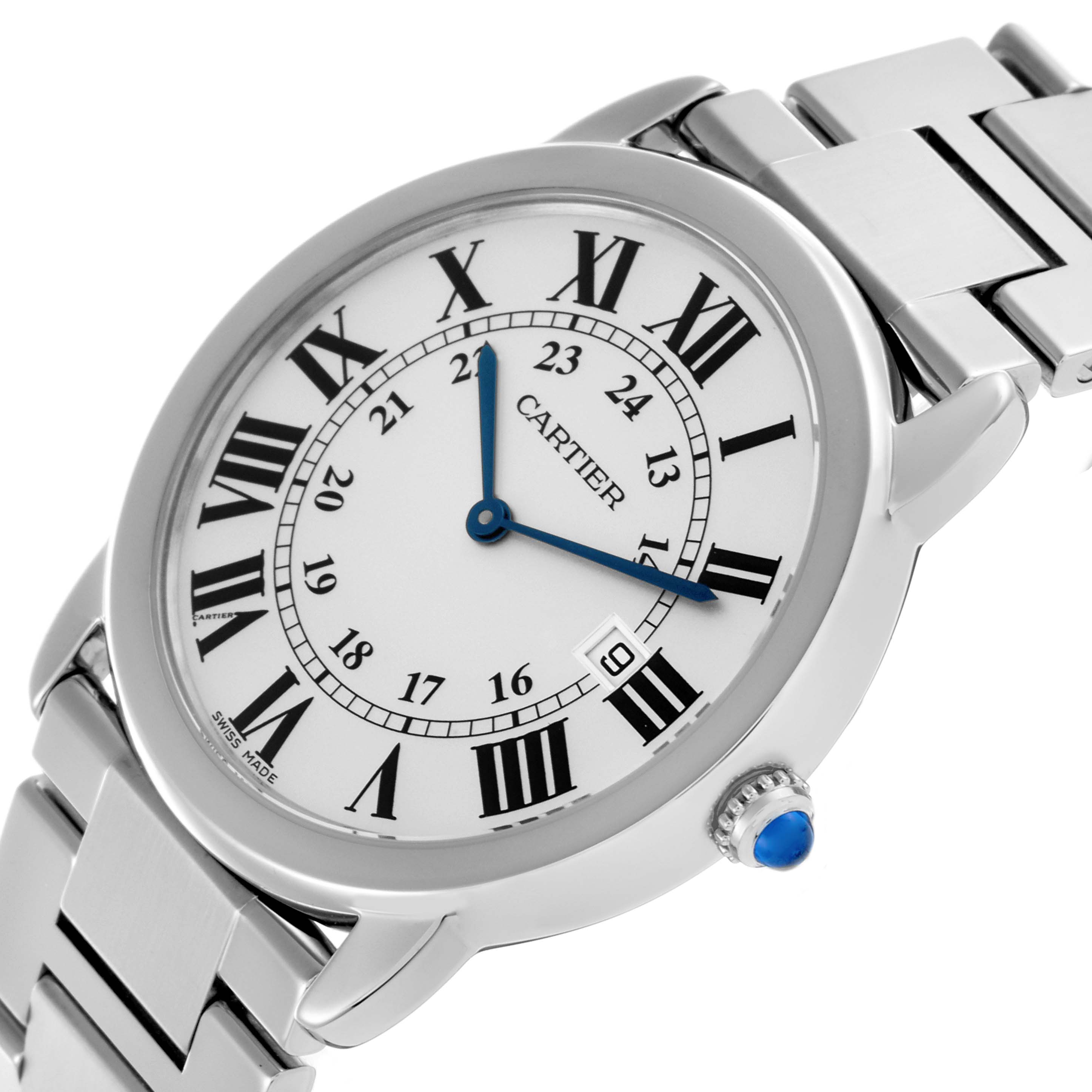 The Cartier Ronde W6701005 Men's Stainless Steel Silver Dial W6701005 Men's Stainless Steel Silver Dial watch is shown at a slight angle highlighting the face, Roman numerals, and part of the silver bracelet.
