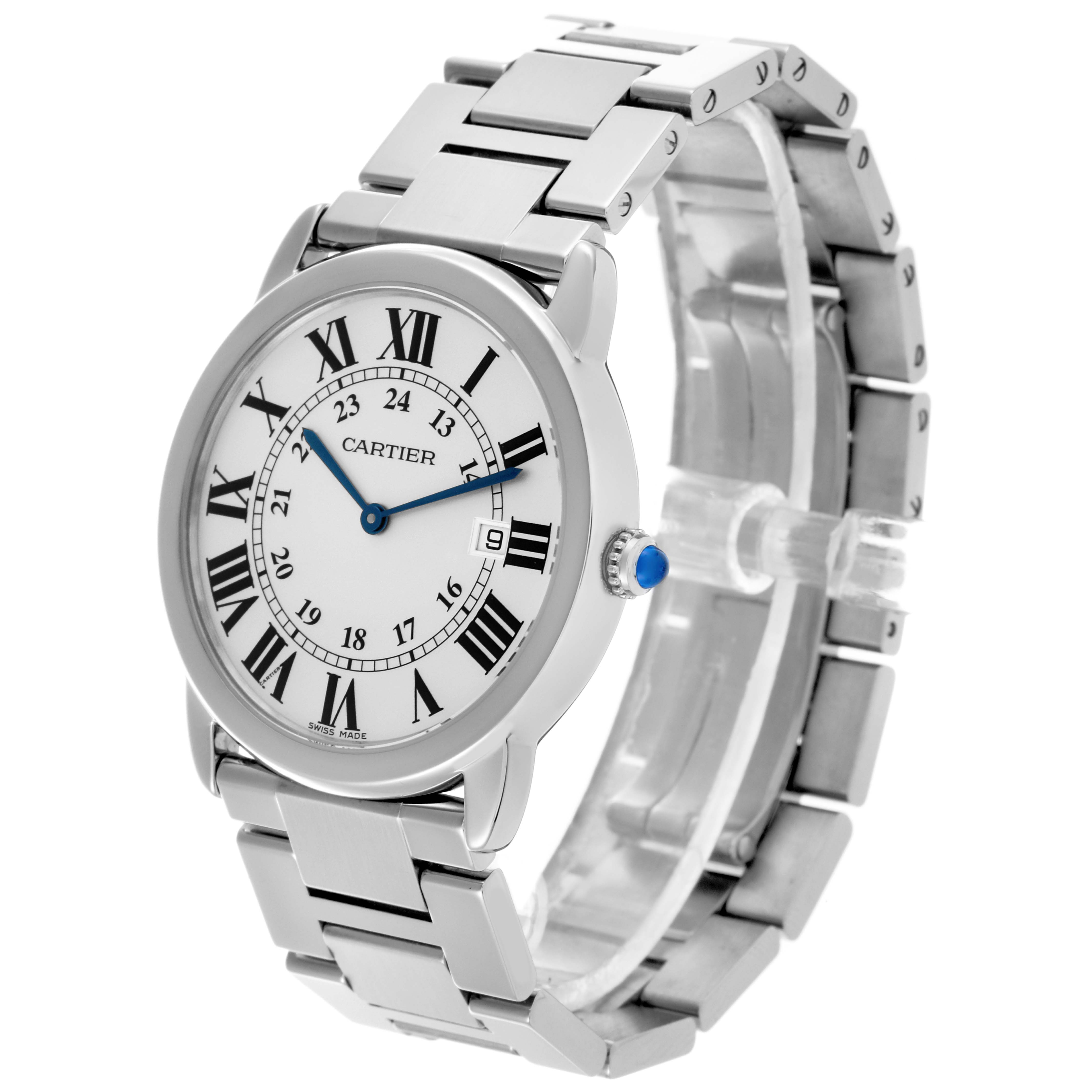The Cartier Ronde W6701005 Men's Stainless Steel Silver Dial W6701005 Men's Stainless Steel Silver Dial watch is shown at a three-quarter angle, displaying the face, crown, and bracelet.