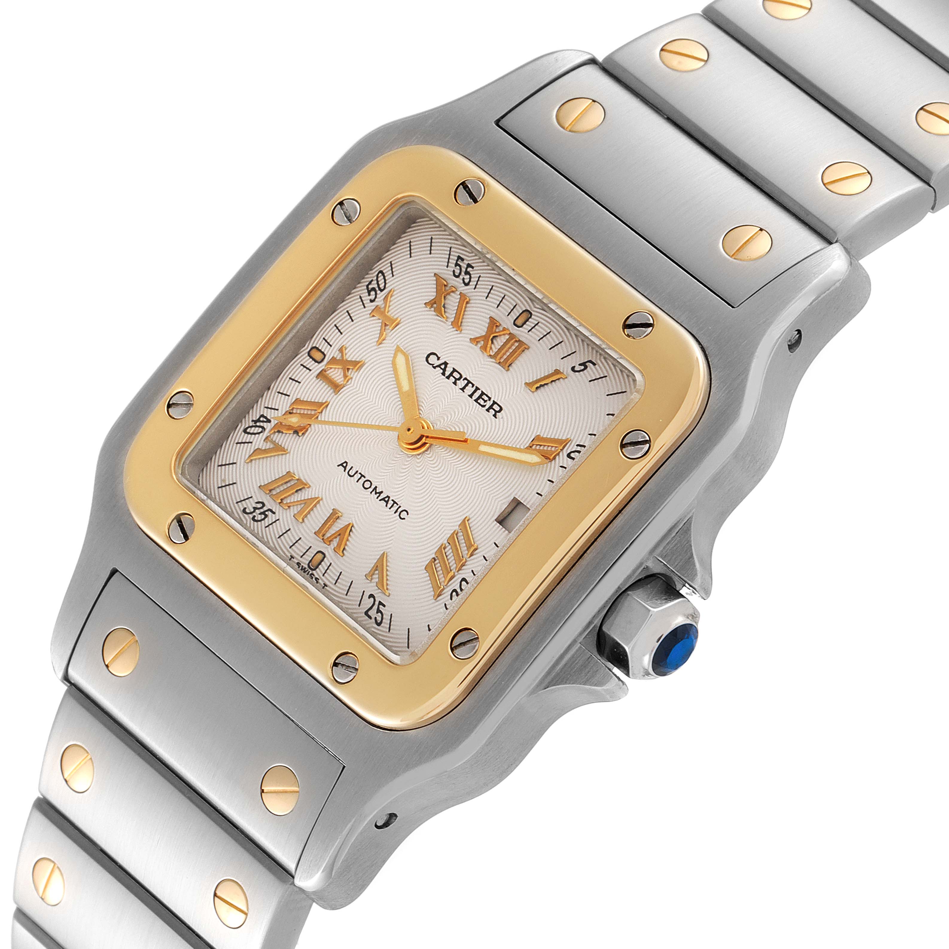The image shows a Cartier Santos W20058C4 Men's Steel and Gold (two tone) Silver Dial W20058C4 Men's Steel and Gold (two tone) Silver Dial watch at a slight angle, highlighting its face, bezel, and part of the bracelet.