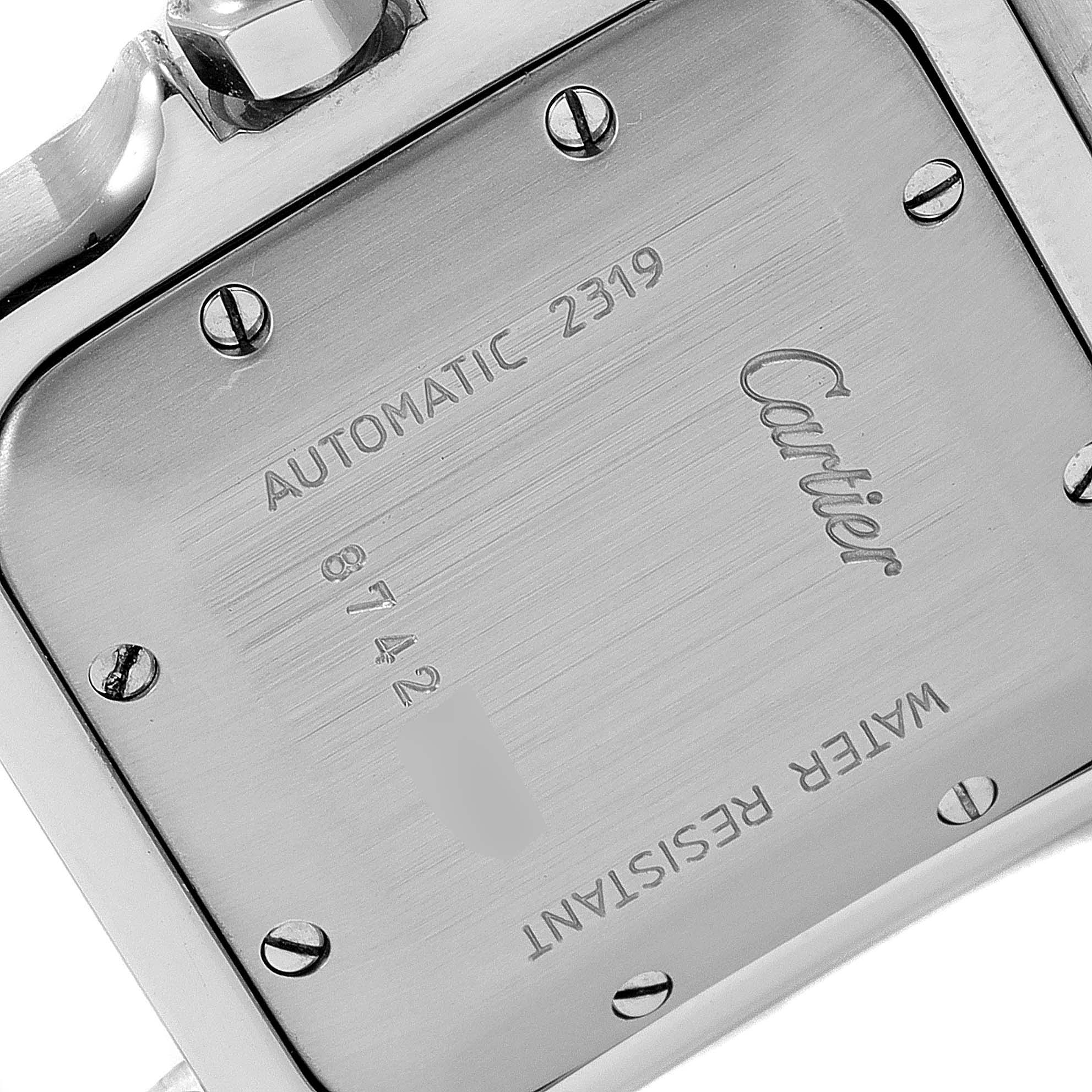 This image shows the back case of a Cartier Santos W20058C4 Men's Steel and Gold (two tone) Silver Dial W20058C4 Men's Steel and Gold (two tone) Silver Dial model watch, highlighting details like the automatic movement and water resistance.
