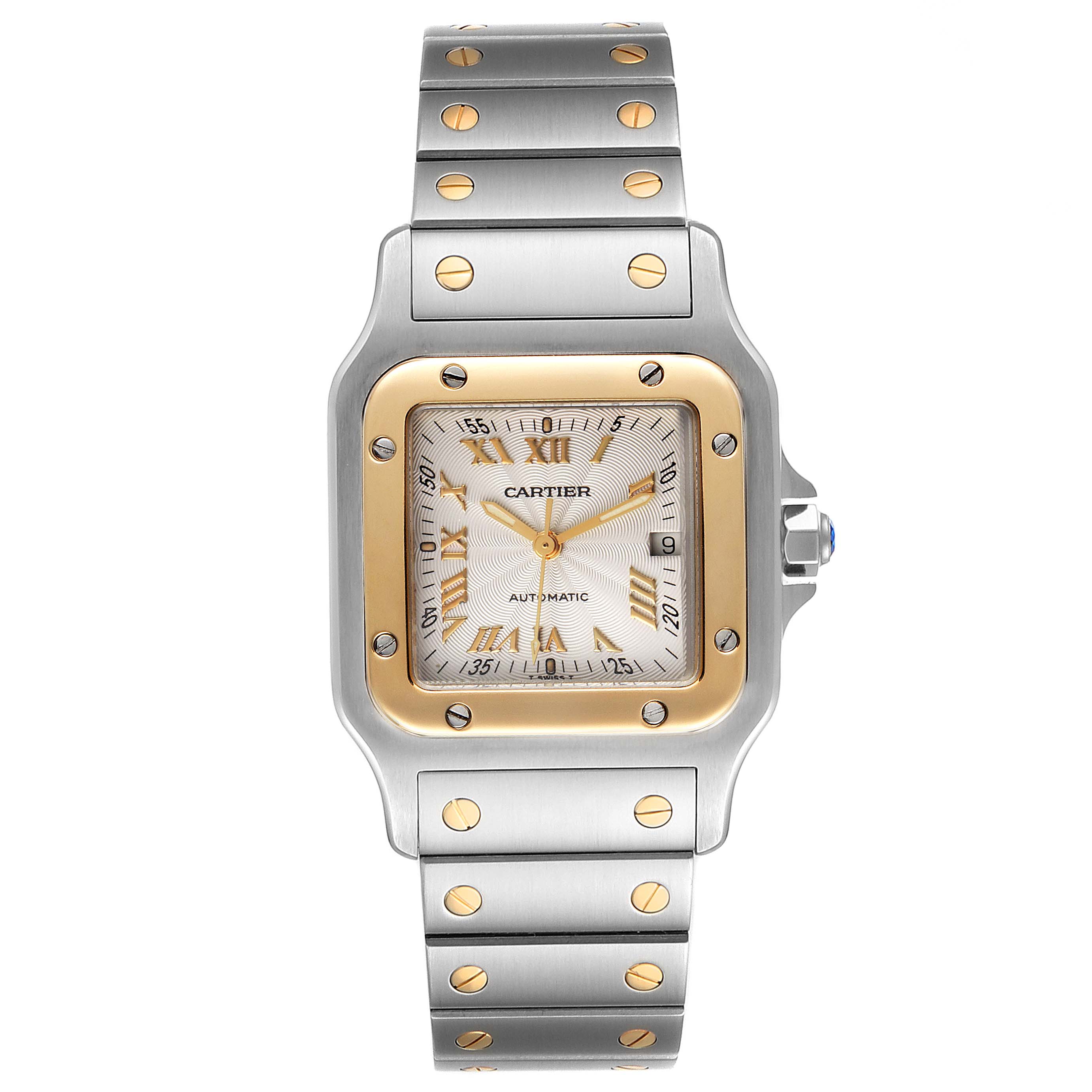 This image shows the front view of a Cartier Santos W20058C4 Men's Steel and Gold (two tone) Silver Dial W20058C4 Men's Steel and Gold (two tone) Silver Dial watch, highlighting the dial, bracelet, and bezel.