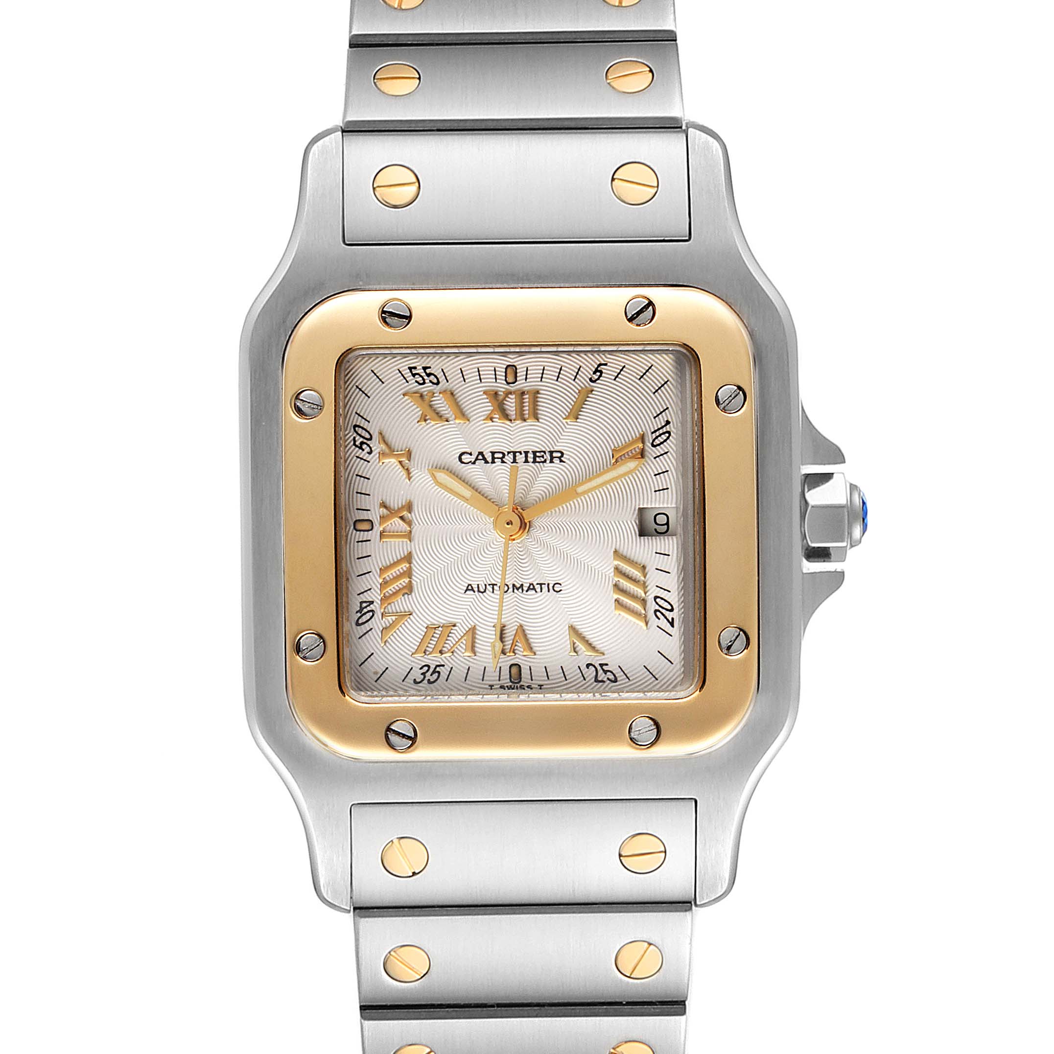 The image shows a front view of a Santos model by Cartier, highlighting its face, bezel, bracelet, and crown.