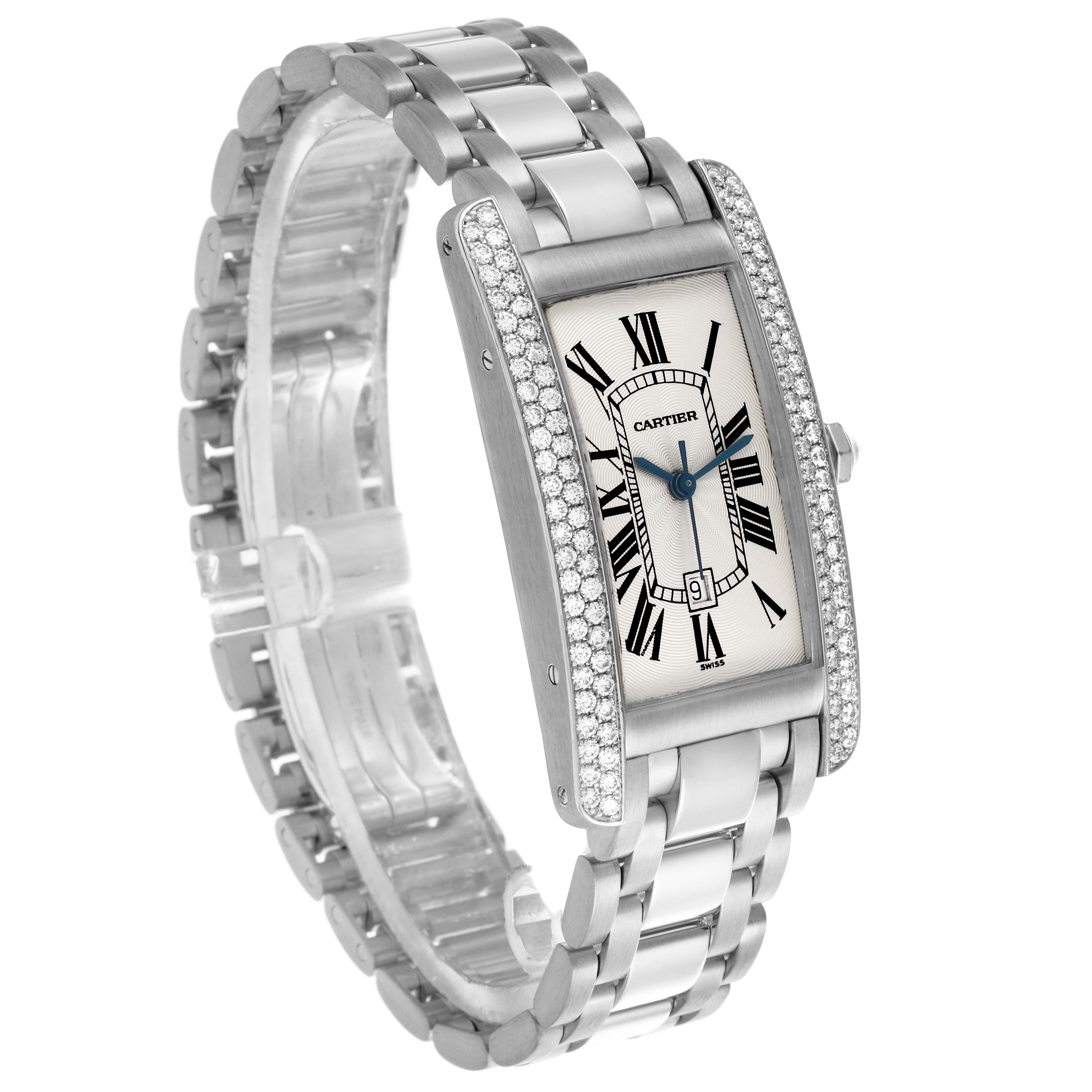The Cartier Tank Americaine WB702651 Women's White Gold Silver Dial WB702651 Women's White Gold Silver Dial watch is shown at an angled view, displaying its rectangular face and metal bracelet band.