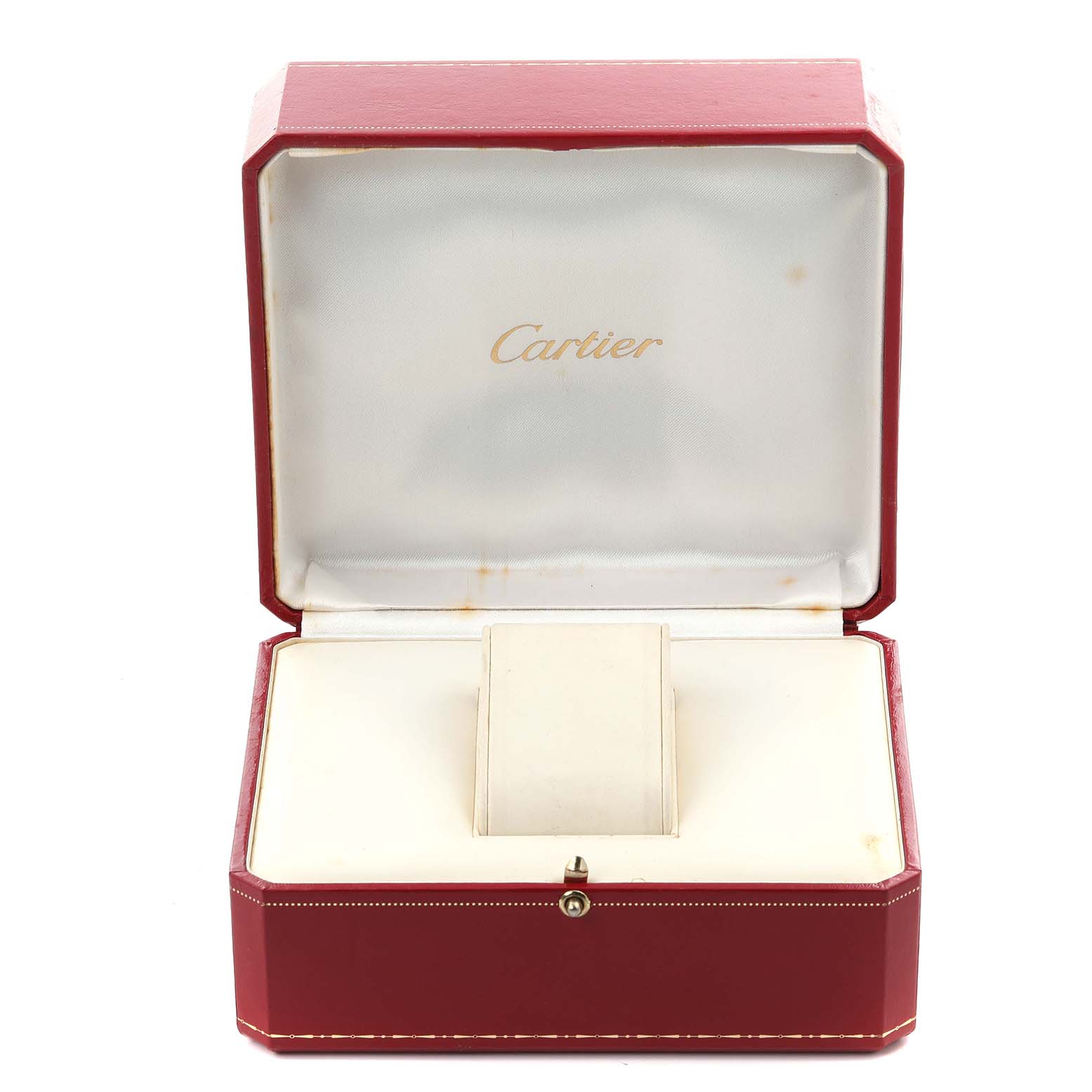 The image shows a red Cartier watch box for the Tank Americaine model, open with a white interior.