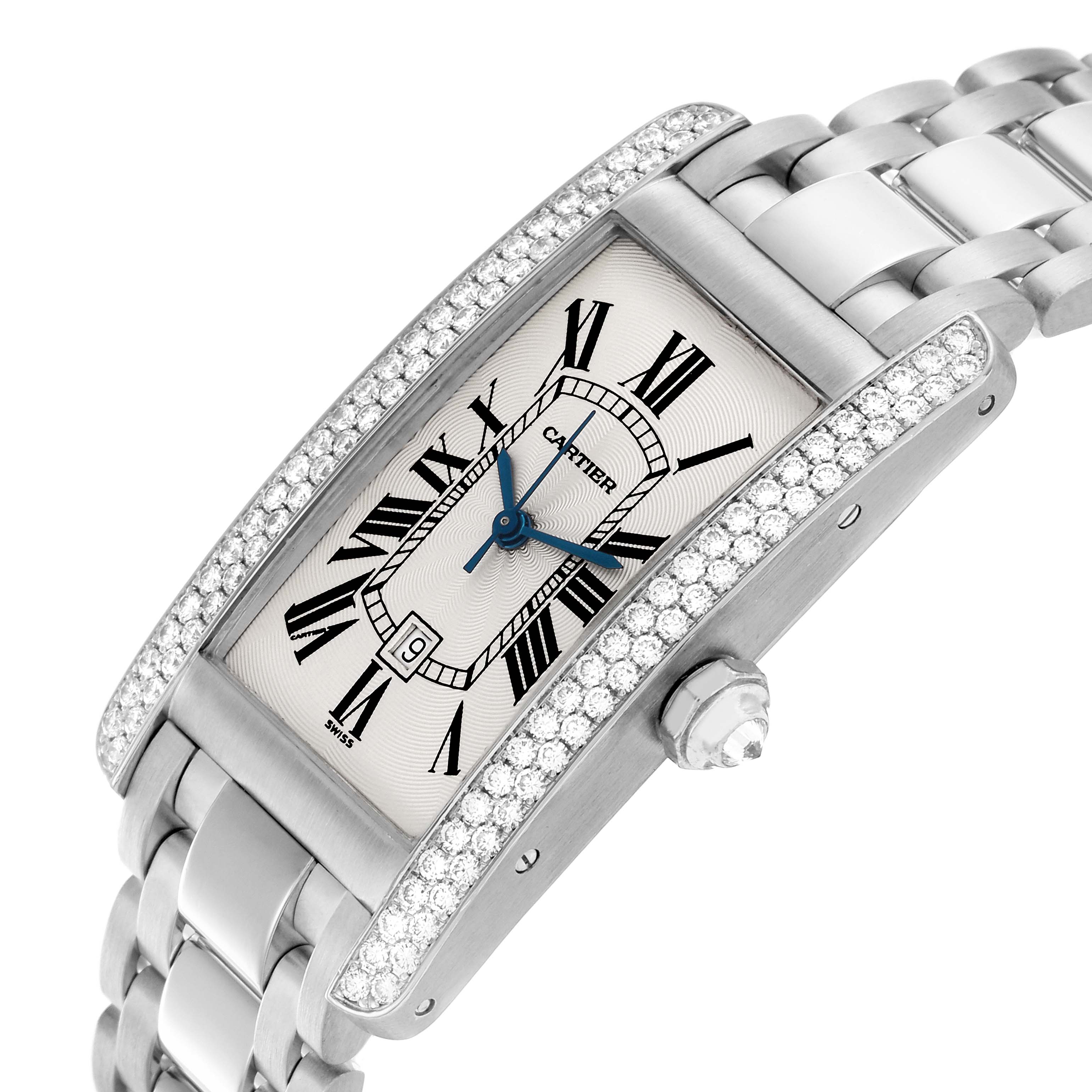 The Cartier Tank Americaine WB702651 Women's White Gold Silver Dial WB702651 Women's White Gold Silver Dial watch is shown at an oblique angle, highlighting its diamond-encrusted bezel and bracelet.