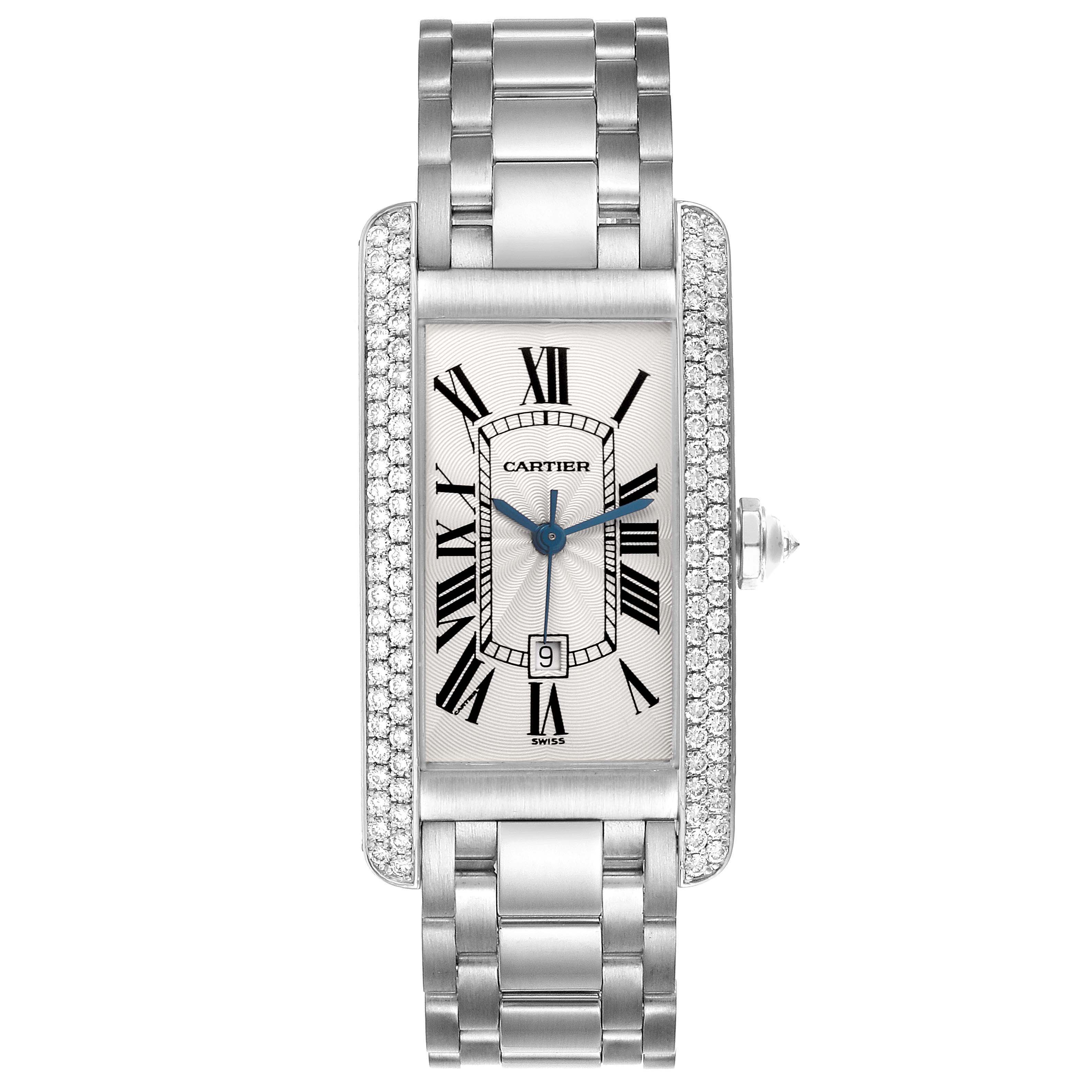 The Cartier Tank Americaine WB702651 Women's White Gold Silver Dial WB702651 Women's White Gold Silver Dial watch is shown from a frontal angle, displaying its face, bracelet, and diamond-set bezel.