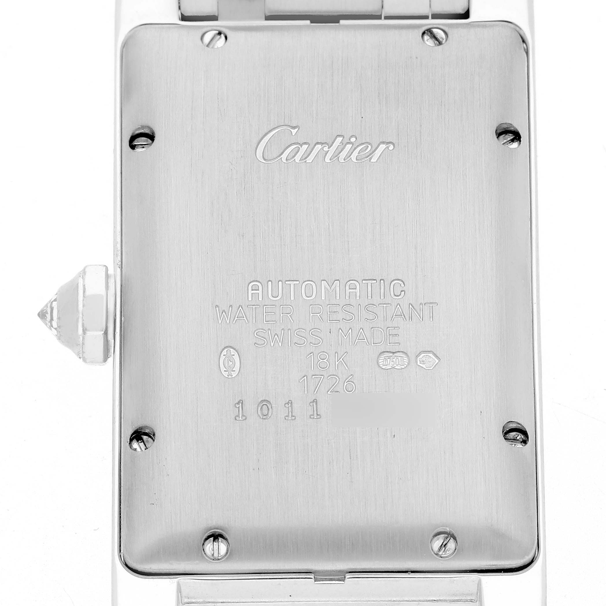 The image shows the back case of the Cartier Tank Americaine WB702651 Women's White Gold Silver Dial WB702651 Women's White Gold Silver Dial watch, highlighting engraved details and screws.