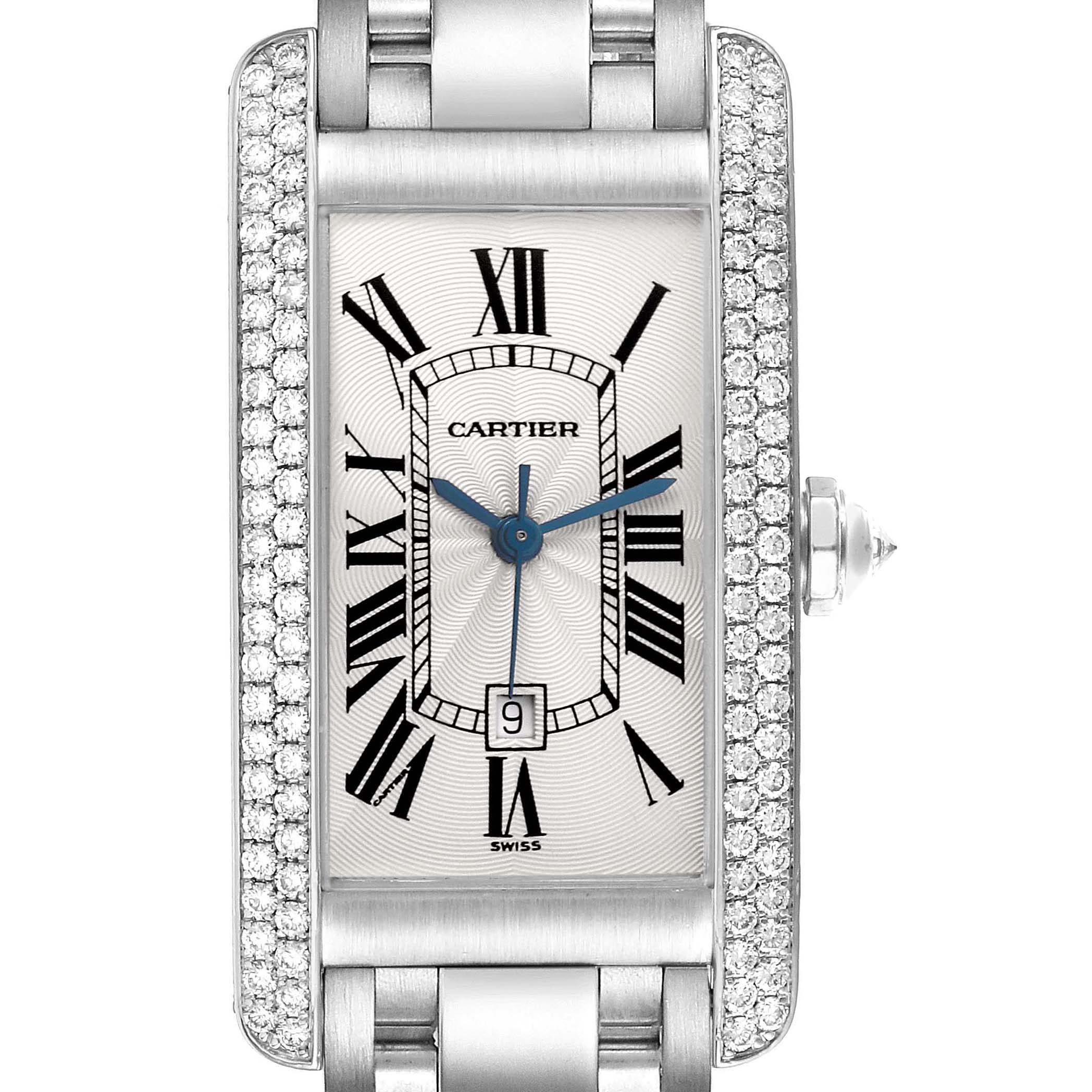 This Cartier Tank Americaine WB702651 Women's White Gold Silver Dial WB702651 Women's White Gold Silver Dial watch is shown from the front, highlighting its rectangular face with Roman numerals and diamond bezel.