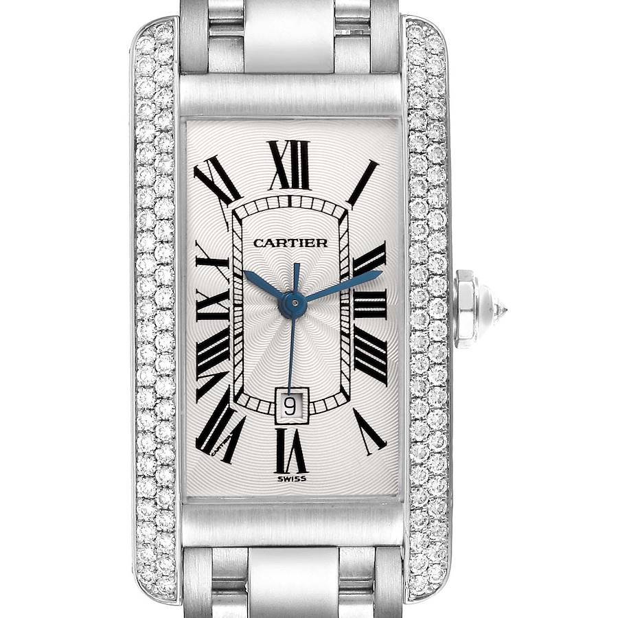 This Cartier Tank Americaine watch is shown from the front, highlighting its rectangular face with Roman numerals and diamond bezel.