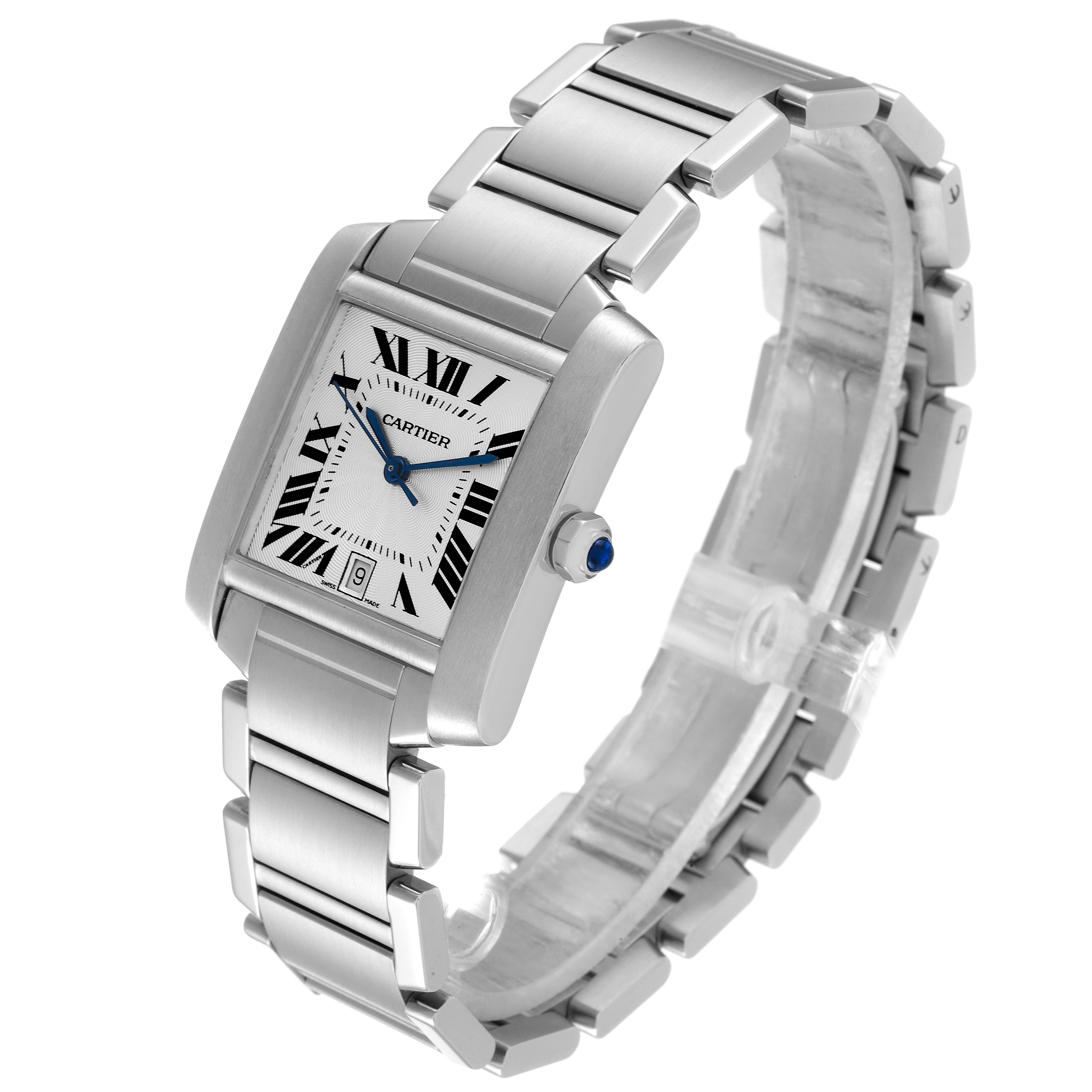 The Cartier Tank Francaise W51002Q3 Men's Stainless Steel Silver Dial W51002Q3 Men's Stainless Steel Silver Dial watch is shown at a three-quarter angle showcasing its face, strap, and blue beaded crown.