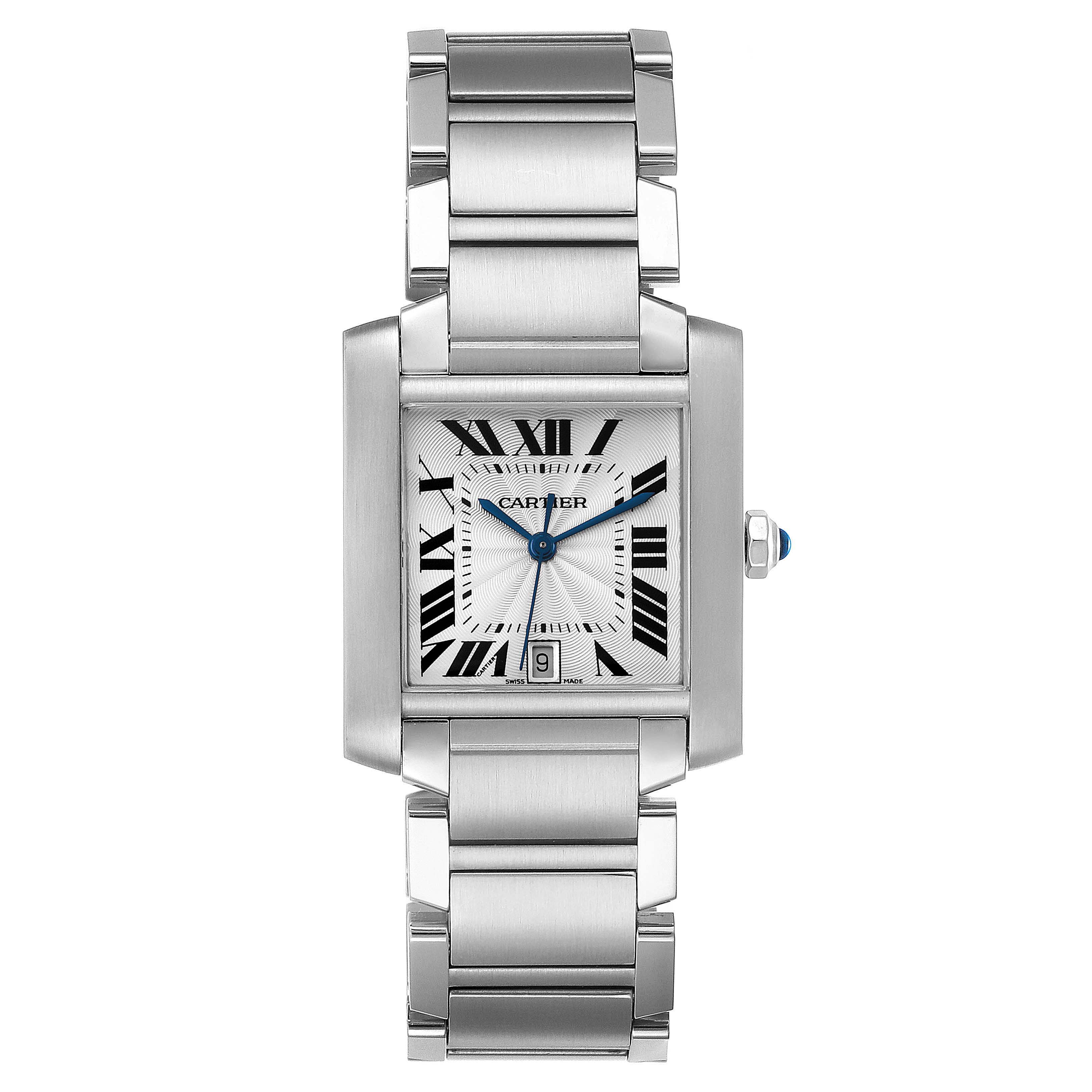 This image shows a full frontal view of the Cartier Tank Française watch, displaying the bezel, dial, hands, bracelet, and date window.