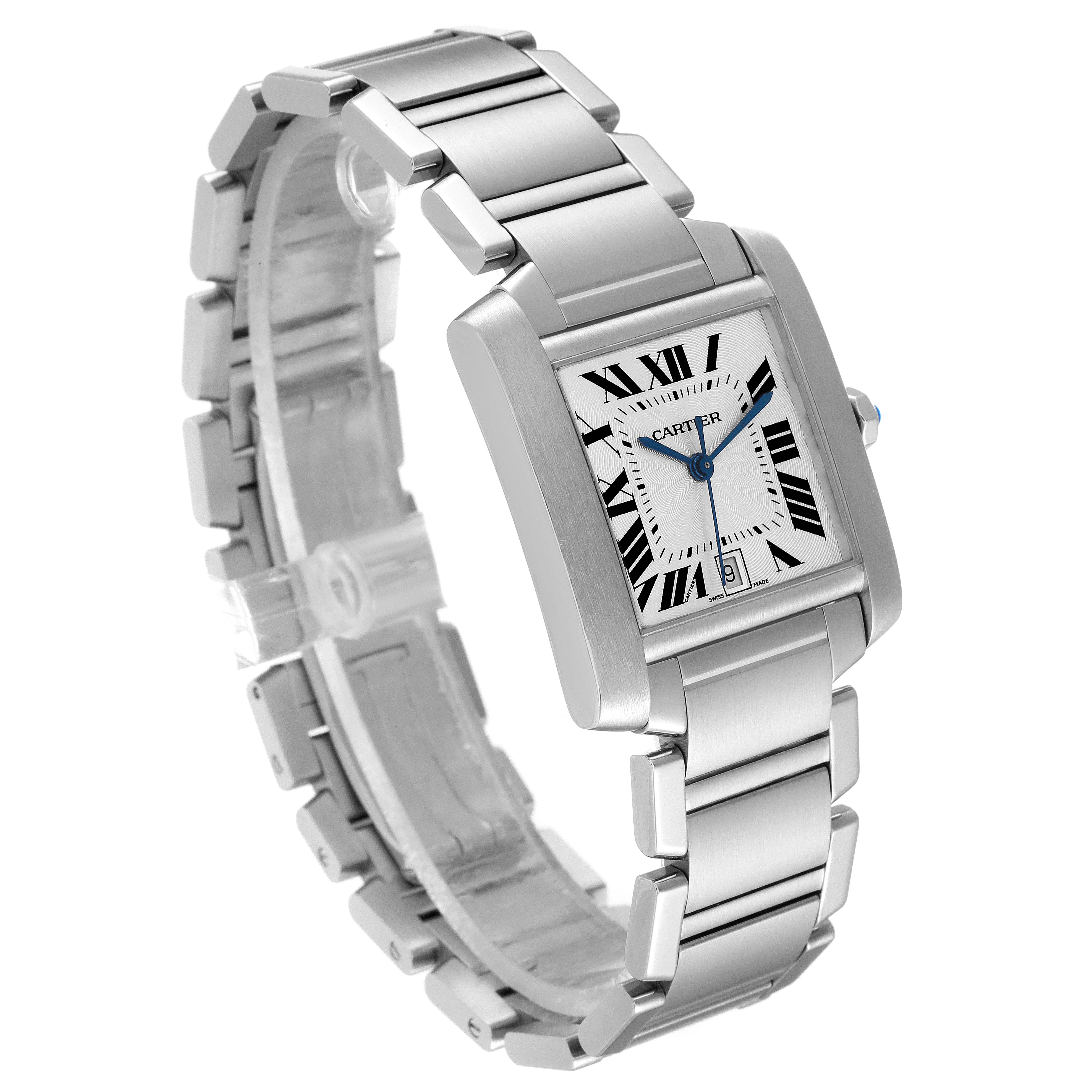 The image shows a Cartier Tank Française watch from a three-quarter angle, highlighting its rectangular face and metal bracelet.