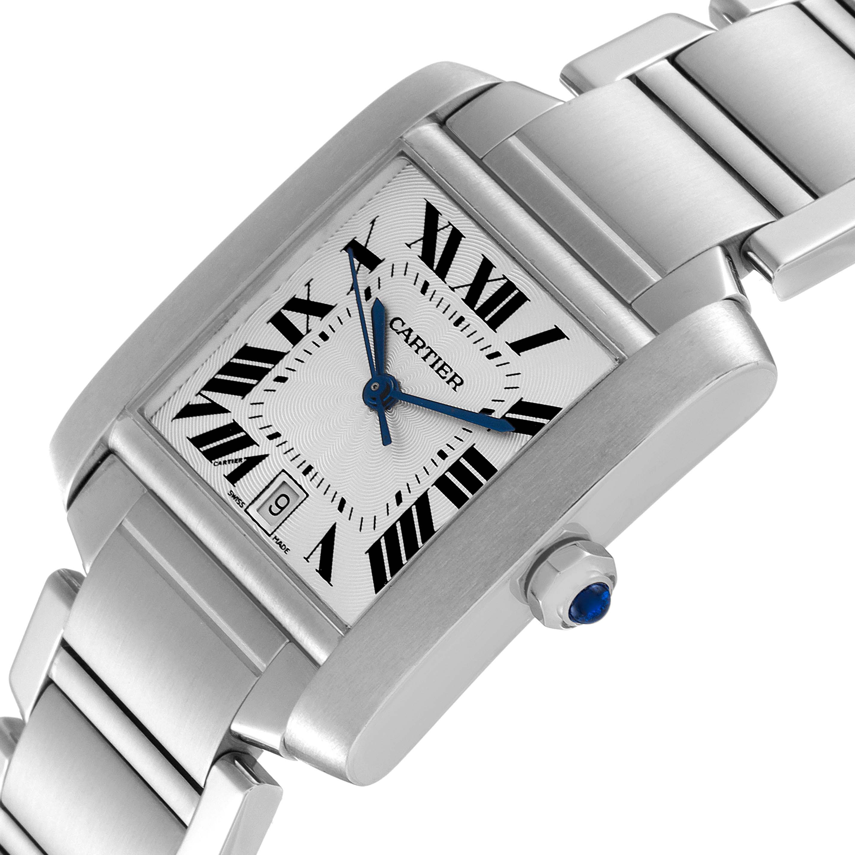 This Cartier Tank Française watch is shown at a tilted angle, displaying its rectangular face, metal bracelet, and crown with a blue cabochon.