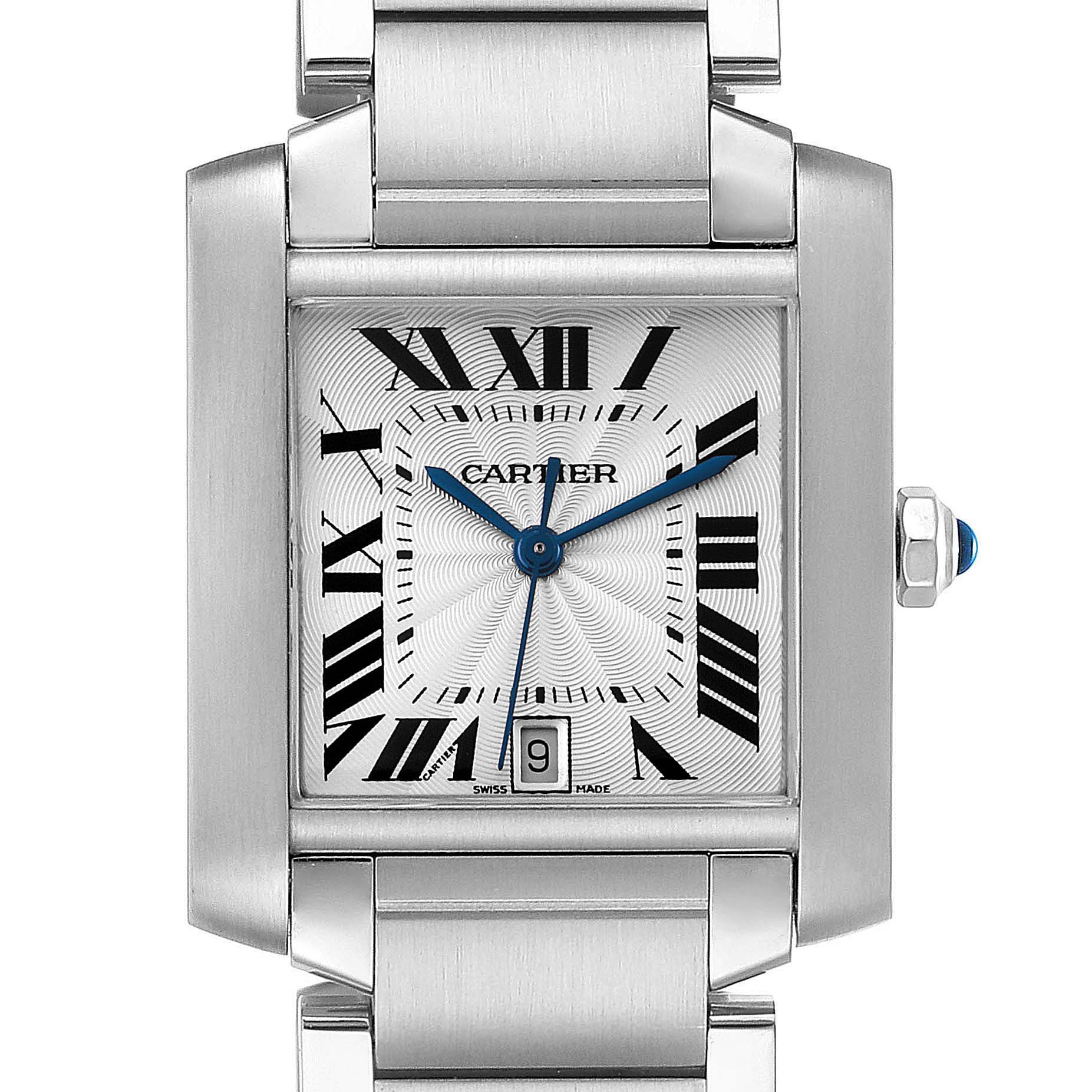 The image shows a close-up of the Cartier Tank Francaise W51002Q3 Men's Stainless Steel Silver Dial W51002Q3 Men's Stainless Steel Silver Dial watch's face, bezel, crown, and part of the bracelet.