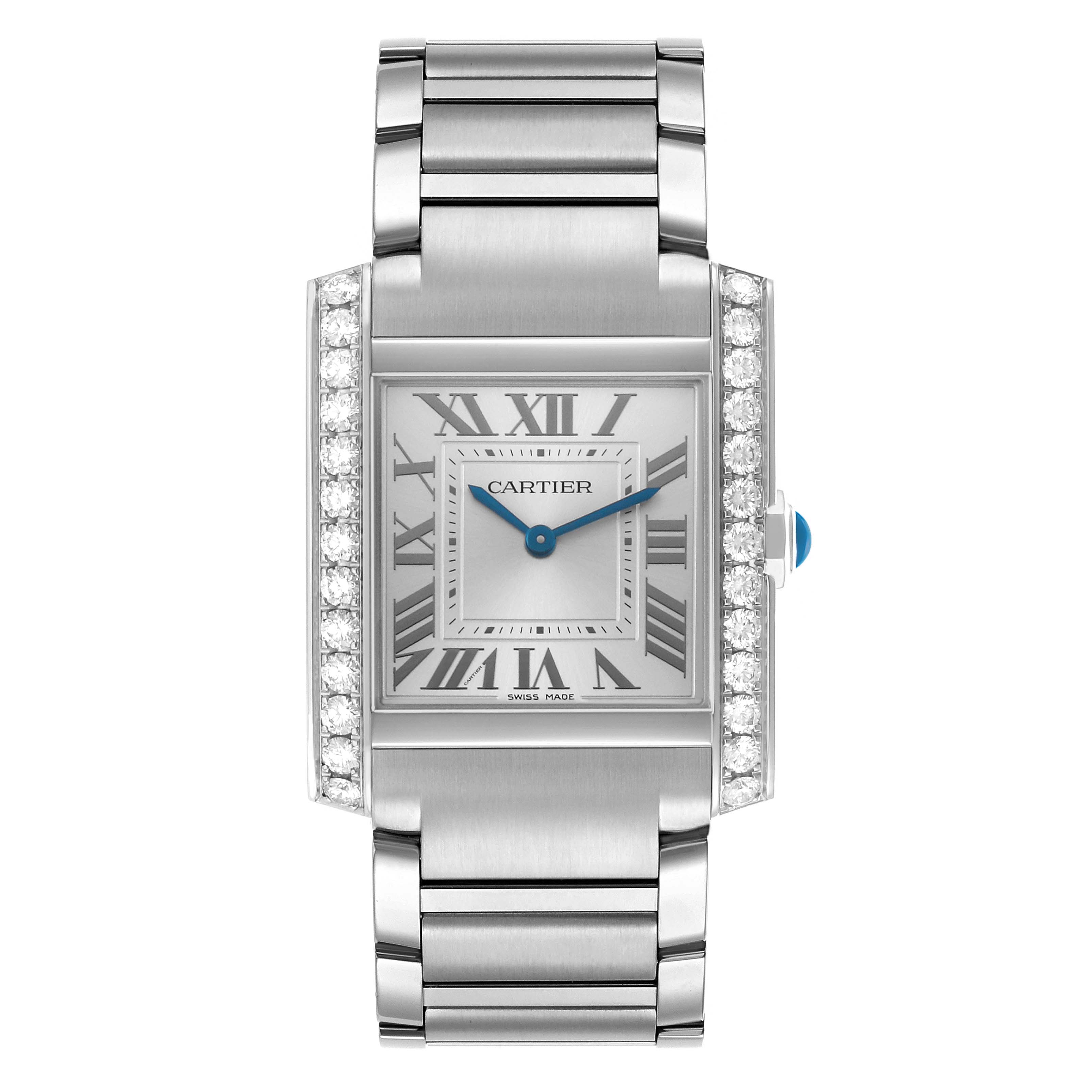 The Cartier Tank Francaise W4TA0021 Women's Stainless Steel Silver Dial watch is shown from a front view, highlighting its face, bracelet, and adorned bezel.