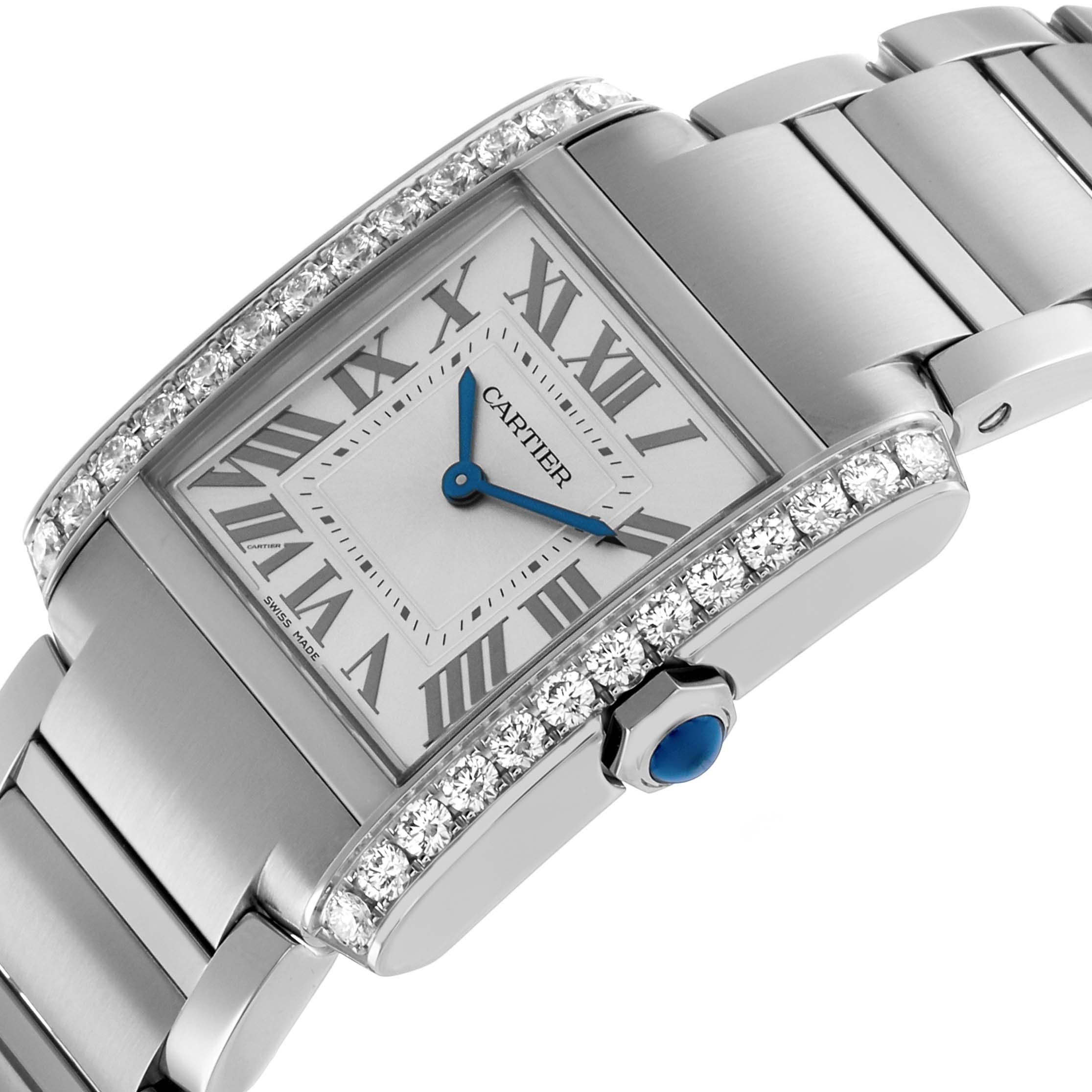 The Cartier Tank Francaise W4TA0021 Women's Stainless Steel Silver Dial watch is shown at an angle highlighting its face, diamond accents, and part of the bracelet.