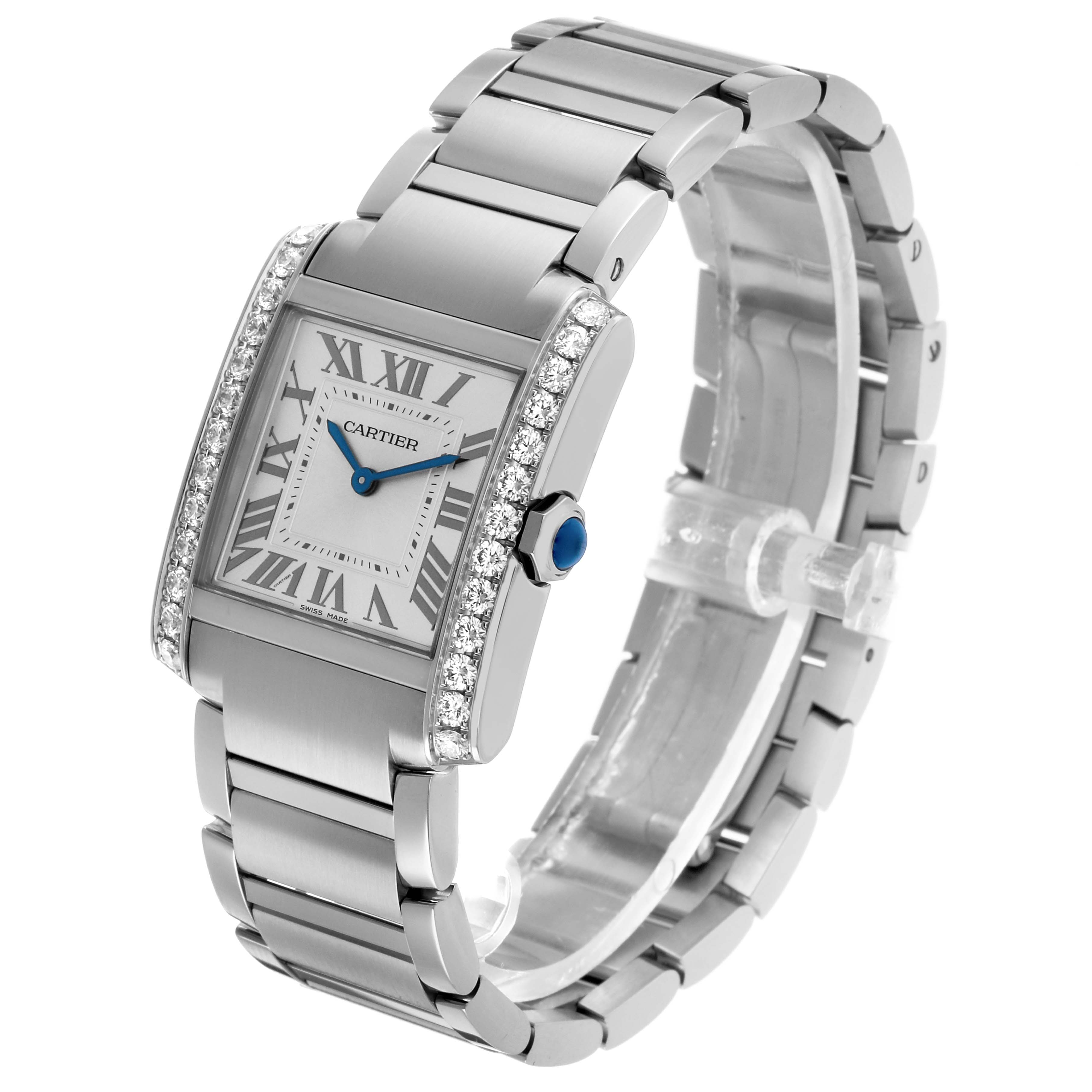 The Cartier Tank Française watch is shown at a three-quarter angle, displaying the face, bracelet, and diamond-set bezel.