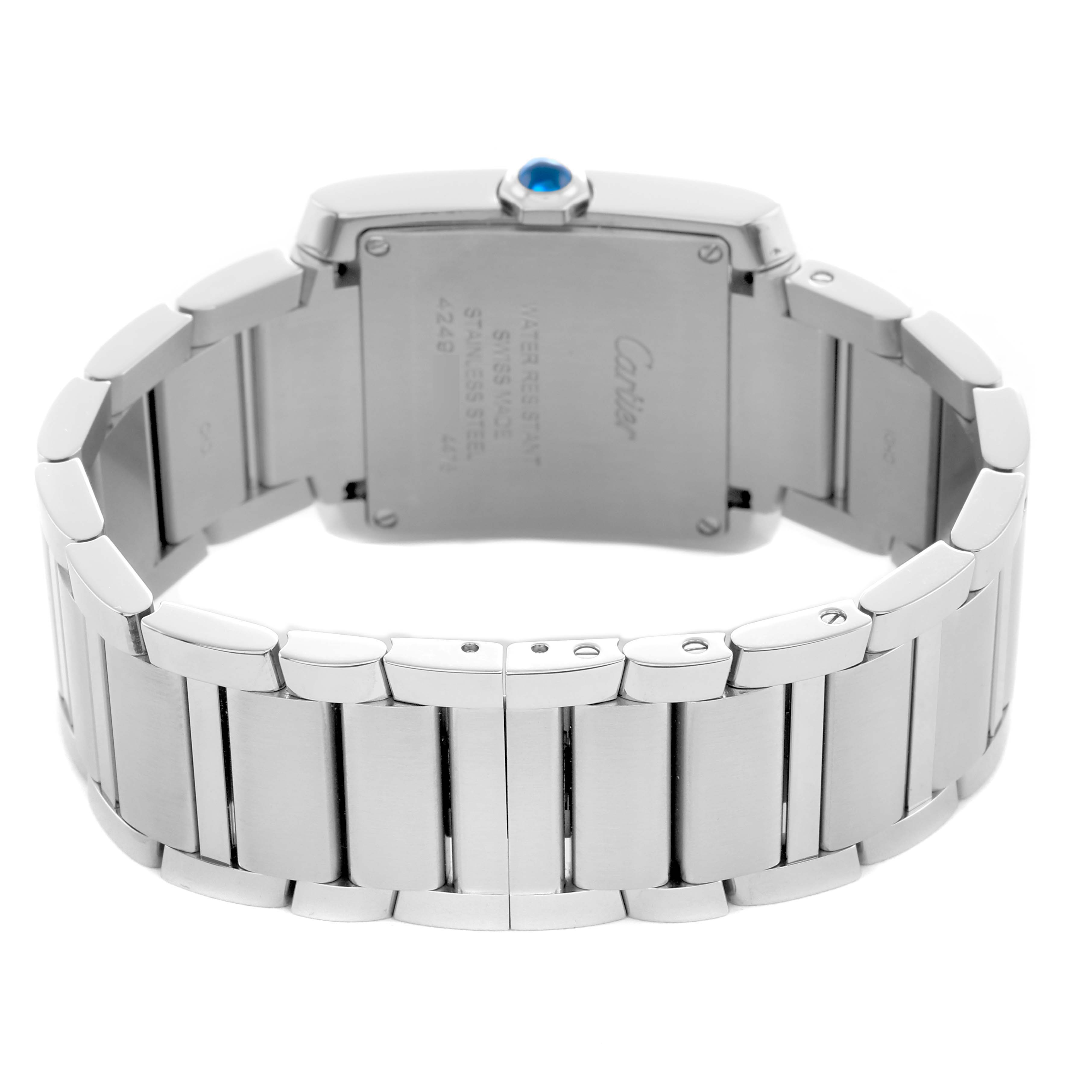 The Cartier Tank Francaise W4TA0021 Women's Stainless Steel Silver Dial watch is shown from the back, highlighting the case back, bracelet, and crown with a blue cabochon.