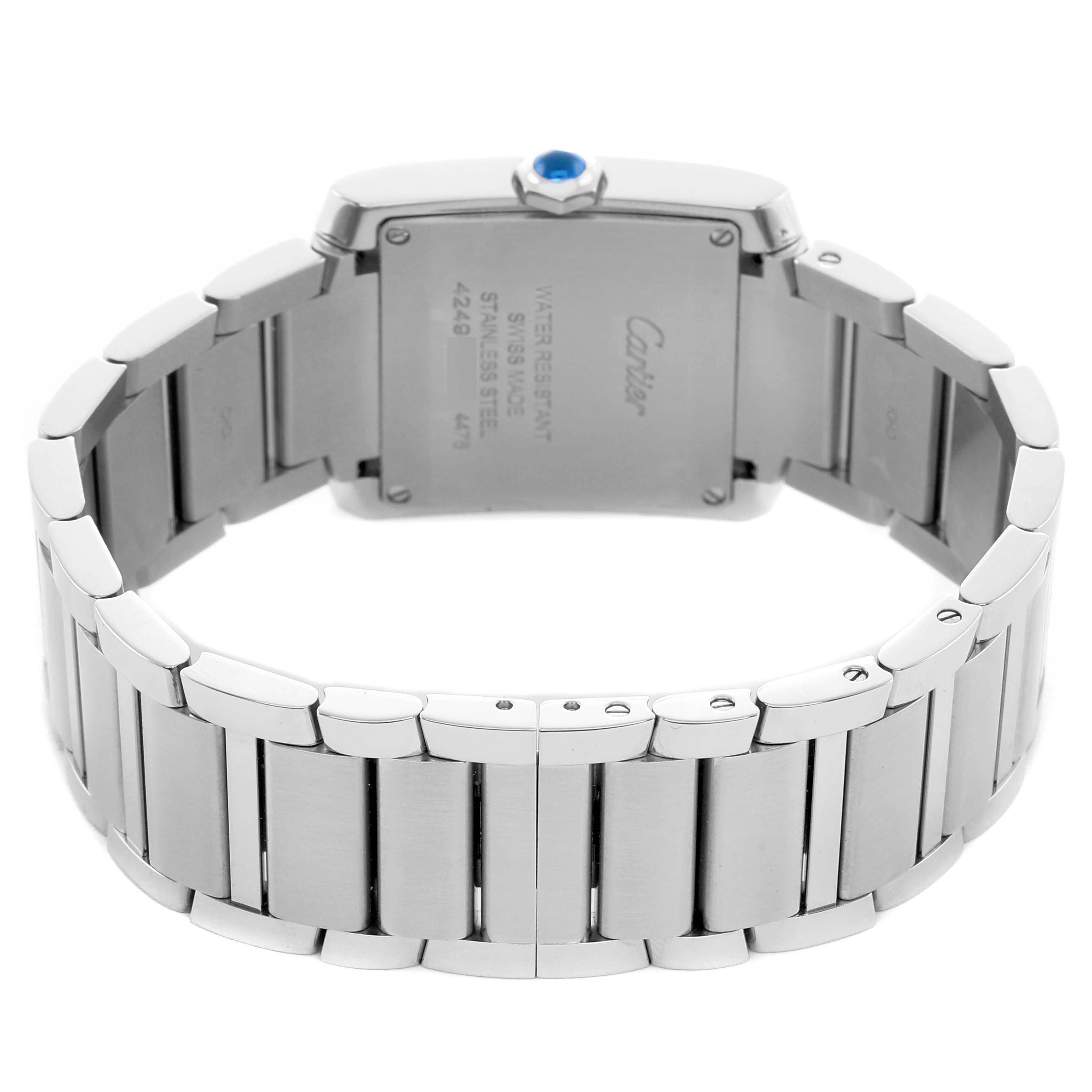 The image shows the back case and bracelet of the Cartier Tank Francaise W4TA0021 Women's Stainless Steel Silver Dial, highlighting the deployment clasp and backplate details.