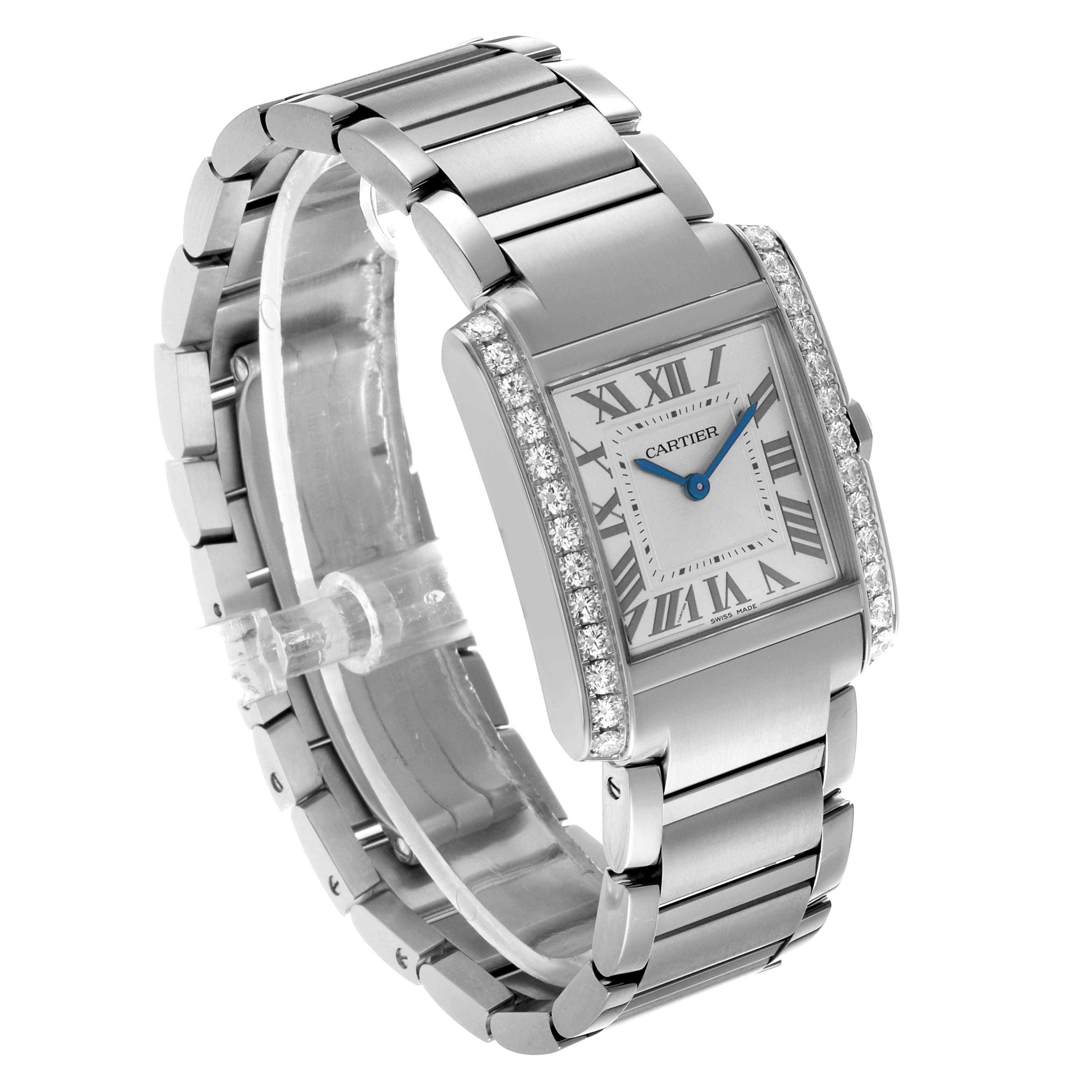 The Cartier Tank Française watch is shown at a three-quarter angle, highlighting its rectangular face, bracelet, and diamond accents.